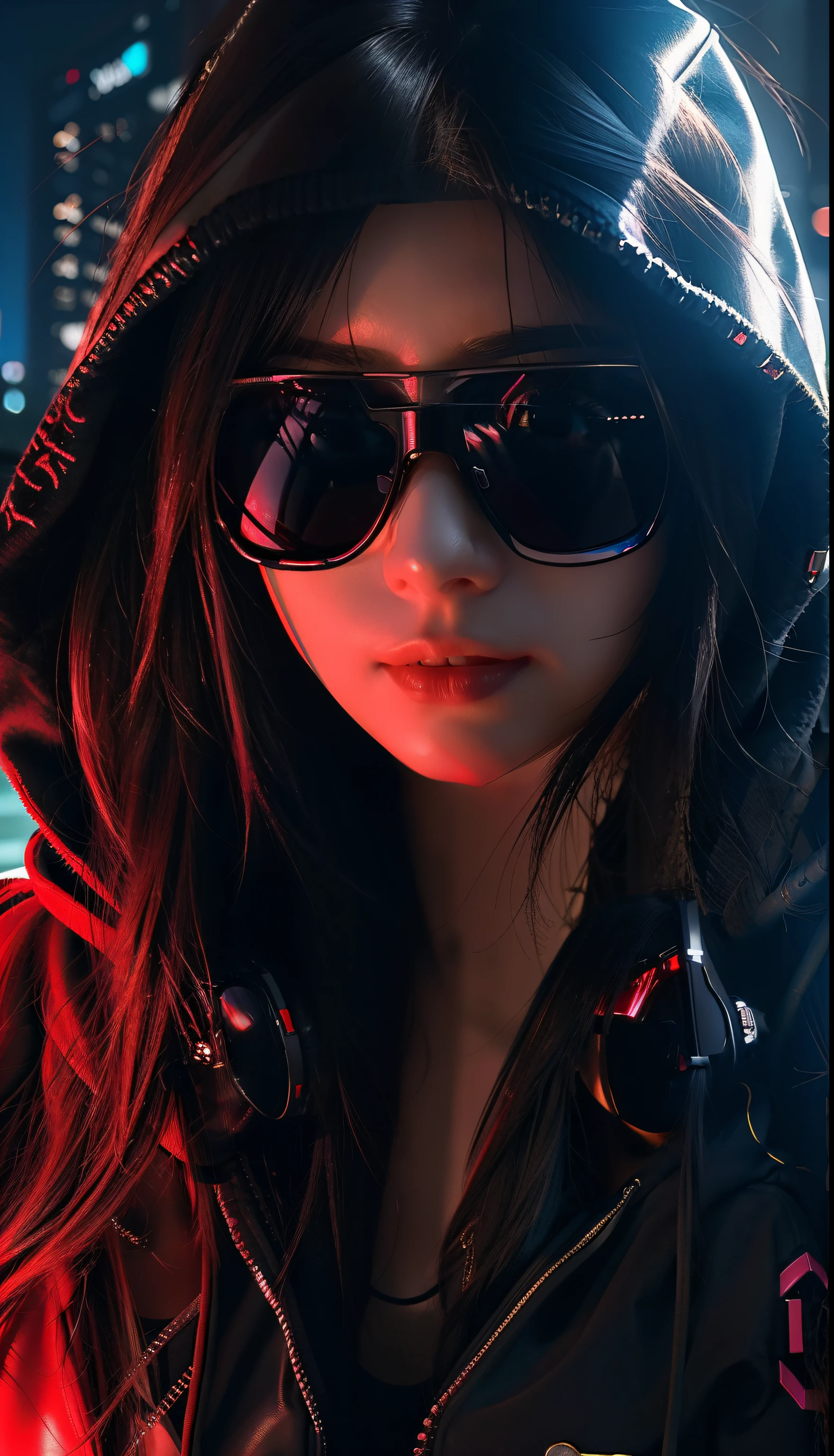 a close up of a woman wearing sunglasses and a hoodie, cyberpunk anime girl in hoodie, dreamy cyberpunk girl, cyberpunk beautiful girl, beautiful cyberpunk girl face, the cyberpunk girl portrait, in cyberpunk style, cyberpunk girl, cyberpunk anime girl, cyberpunk vibes, red and cinematic lighting, cyberpunk woman, hyper-realistic cyberpunk style, has cyberpunk style