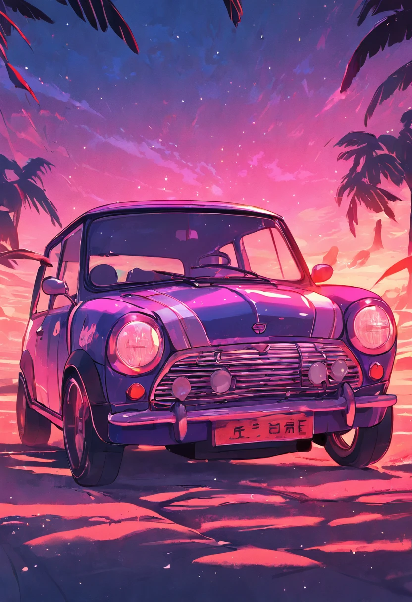a mini Cooper identical to the real one in front of the sunset, Estilo Vaporwave, Estilo neon, linhas suaves, Arte do adesivo vetorial, vector kernel, detalhes intrincados, design de camiseta preta, 8k