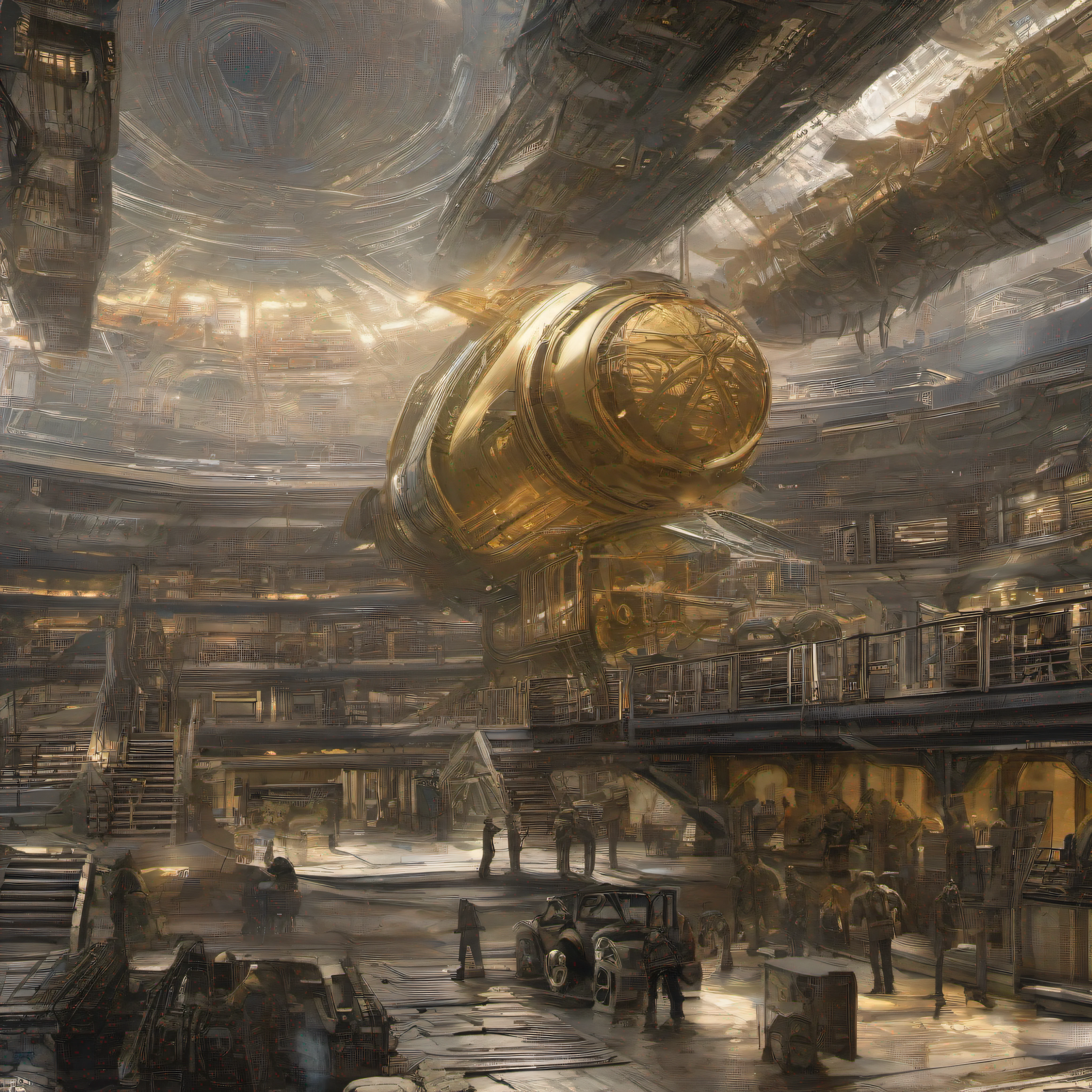 en estilo comic, basado en la pelicula prometheus: (( la tripulacion de la spacecraft prometheus, hombres y mujeres)), inspeccionas una ciudad de un planeta desconocido , con enormes edificios altamente tecnologicos, y fantasticas maquinarias. cuyos materiales de construccion son la plata, el oro y el bronc