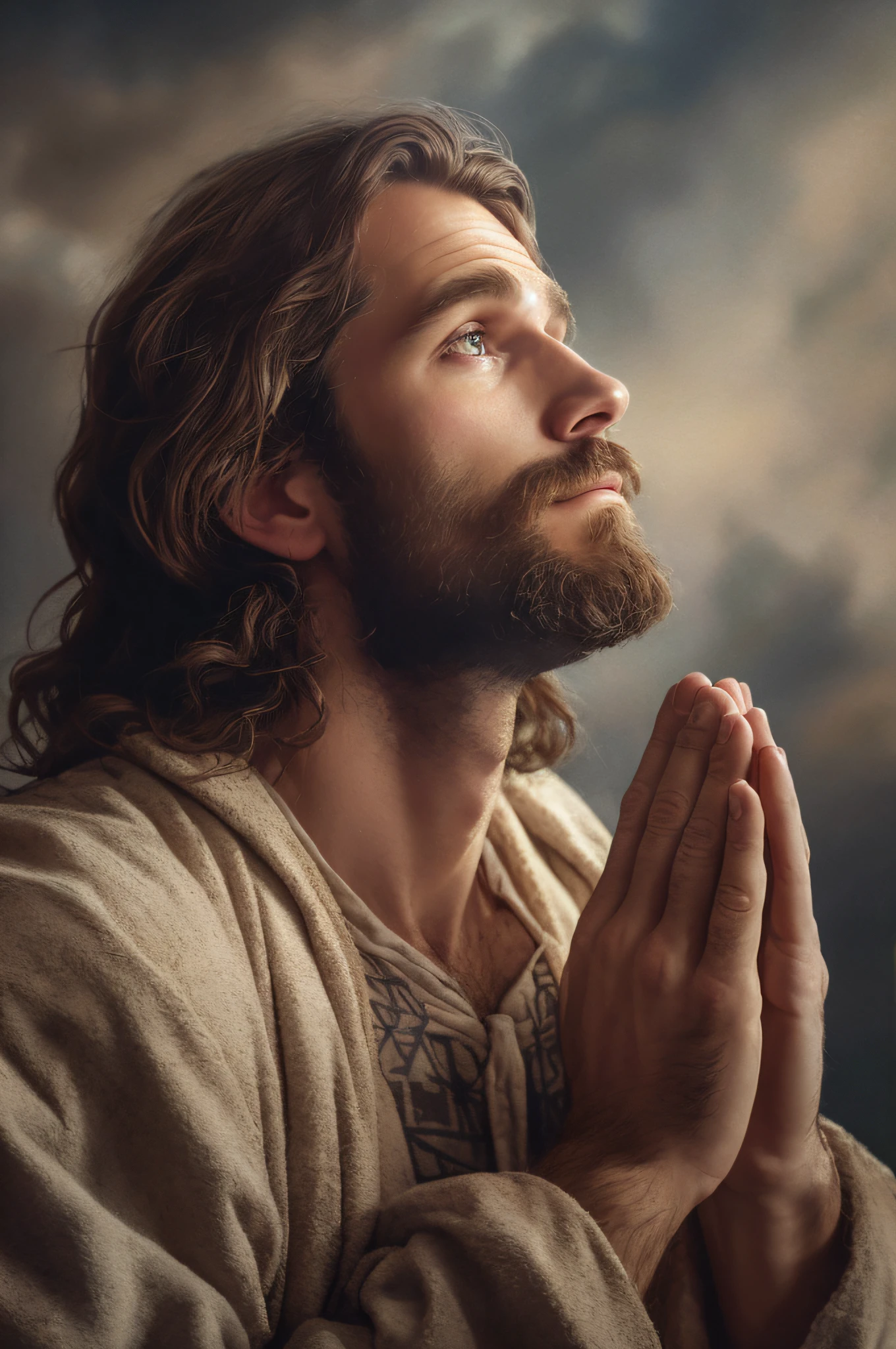 homem arafed com barba e barba em um manto orando, Retrato de Jesus Cristo, Jesus Cristo, Shutterstock, jesus of nazareth, holy man looking down at the ground, Directed by: Adam Marczyński, rosto de jesus, retrato da obra-prima religiosa, doing a prayer, Greg Olsen, Vestido como Jesus Cristo, by Hristofor Žefarović