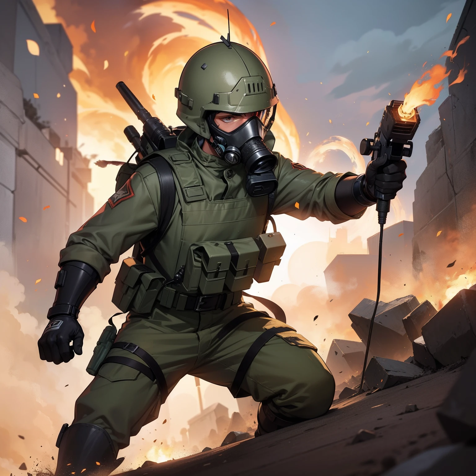Desenho de um soldado vestindo armadura de combate de cor escura com detalhes em laranja, using a flamethrower-like weapon in place of his right hand and wearing a helmet and a gas mask.
