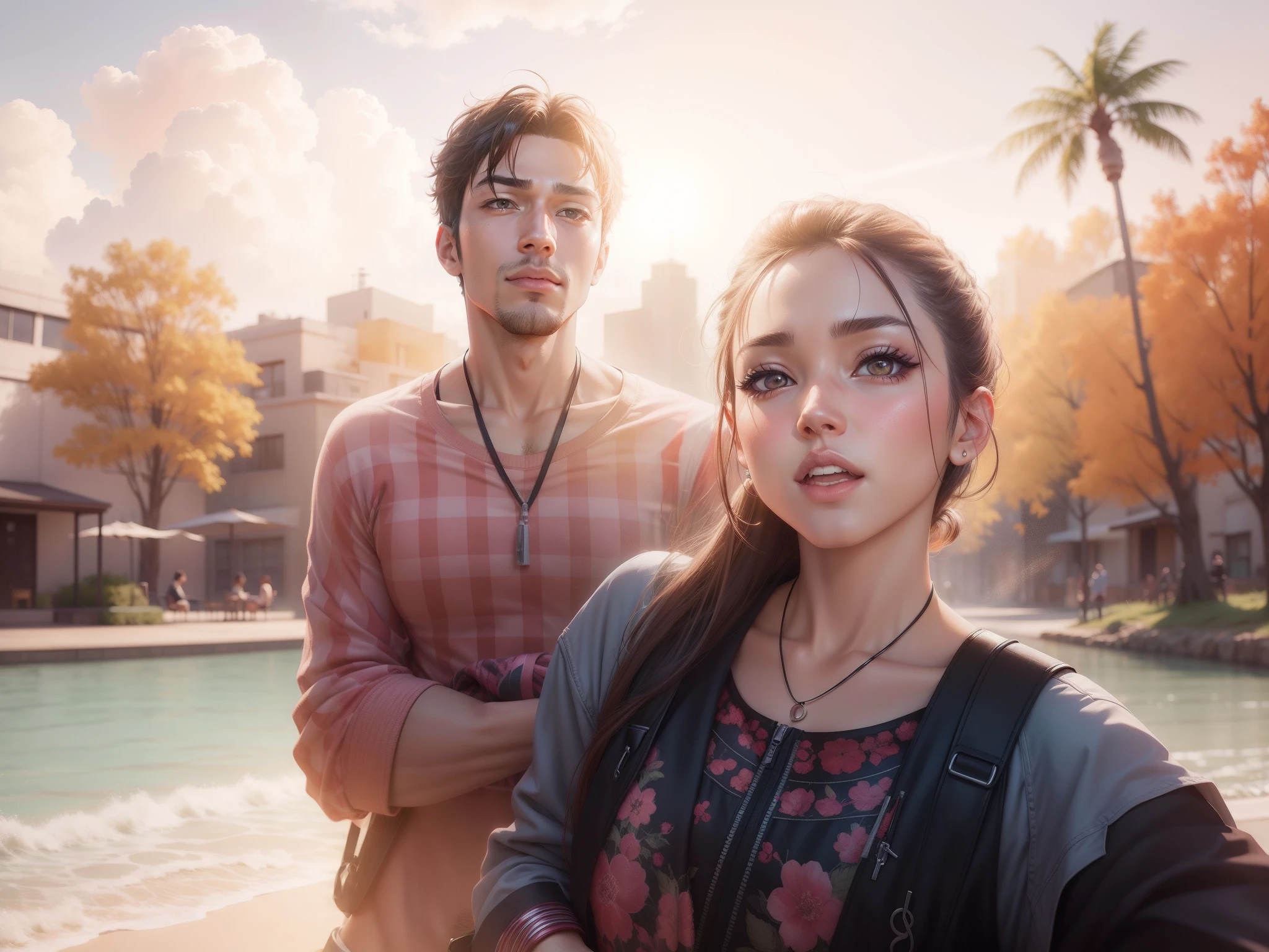 Change background anime hot couple, realistic face, 8k, ultra realistic,