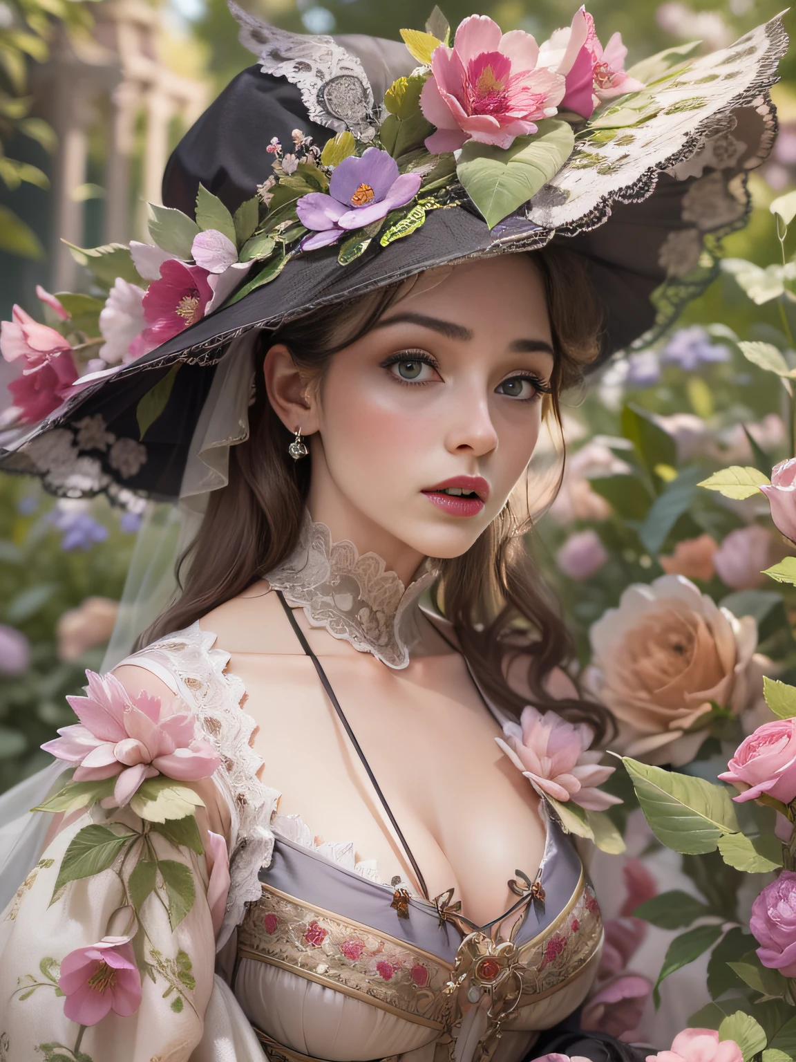 (((A hyper-realistic masterpiece))), hiquality, ultradetail, Stunning Victorian Lady 8K, Delicate silk, Embroidery outfit, Playful tapes, In the garden there is a gazebo, Seduces a man, Face detailing