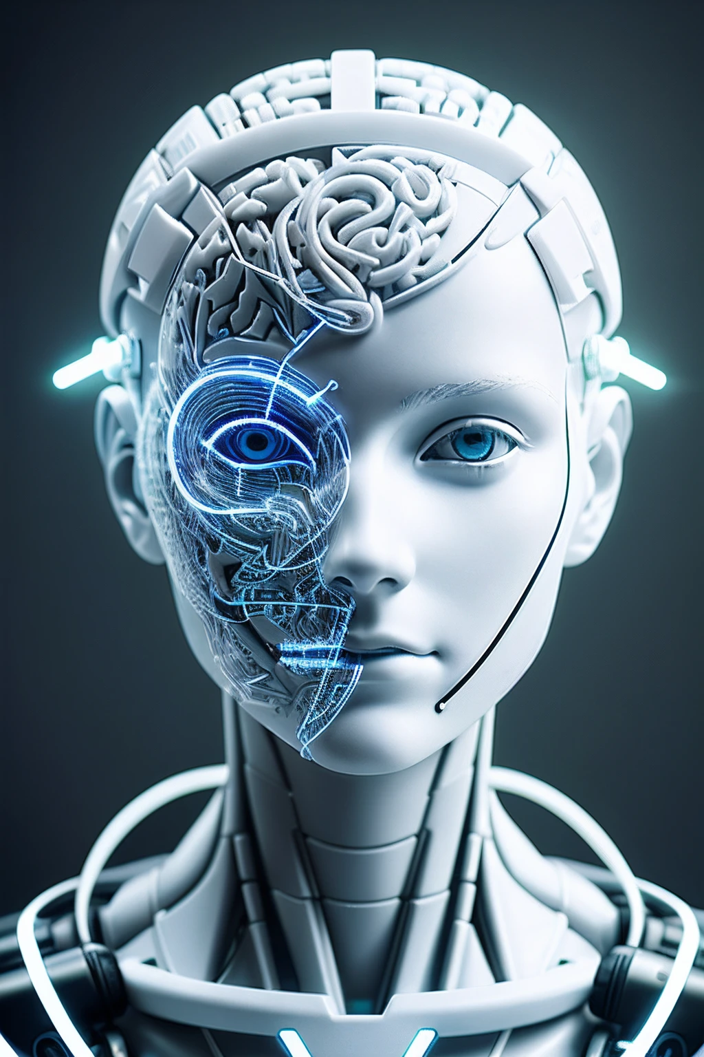 Electronic system in humanoid head |cyborg woman| with a visible detailed brain| with a visible detailed heart| muscles cable wires | biopunk| cybernetic| cyberpunk| white marble bust | canon m50| 100mm | sharp focus | smooth| hyperrealism| very detailed| intricate details| black background| carved by michelangelo