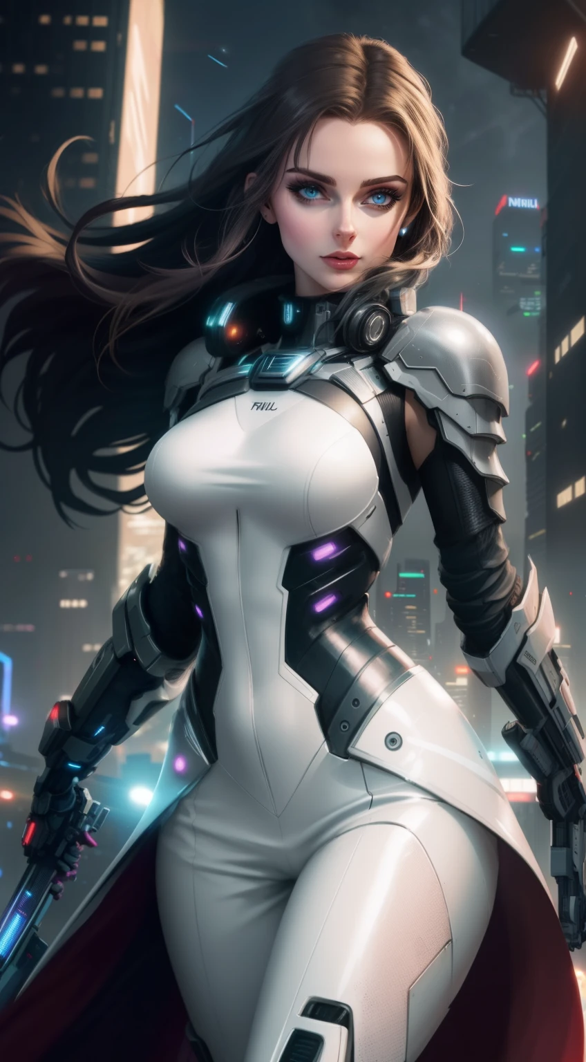 ((Woman with Perfect face & seductive expression & White cyberpunk dress & Full armor with pants & Ultra-detailed hazel eyes & Tall & Slender & Pale skin & Dark brown hair cascading down to your shoulders & Small bust & hourglass figure, detailed hands))|, She Is Running On The Rooftops, Dynamic adventurer Poses, Background Futuristic Night City,|