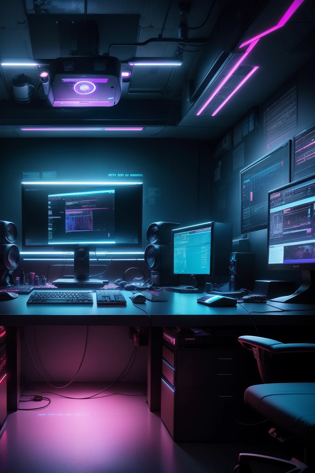 A dimly lit computer room with lots of monitors and keyboards, cyberpunk setting, Cyberpunk configuration, Cyber Neon Lighting, cyber space, cyberpunk with neon lighting, Cyber Neon Light, in a cyberpunk themed room, Interior Cyberpunk, Gamer screen on metal table, Cyber Aesthetics, Cybernetic style, SciencePhi Computer, cyber background, Cyber Installation, Consoles and Computers、coffee、Server Room