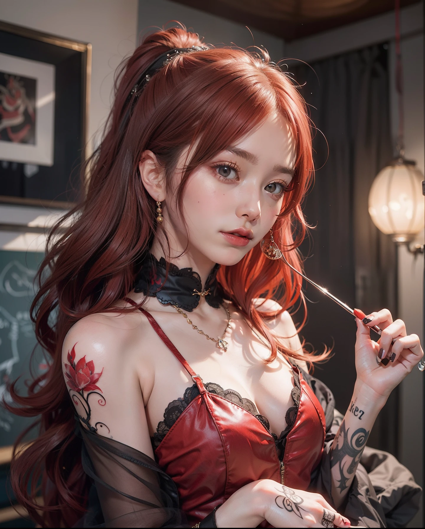 Ultra High Definition 2D Art、a closeup(1womanl)、Light red hair、Unified fashion in red、2 d anime style、Soft and delicate depiction、Also note the red tattoo on her whole body(Full Body Art)、In landscape mode、A masterpiece by Guweiz and James Jean、TATTOO EXPERT DESIGN BY CLOSSCOSITY、number々A beautiful red-haired girl who became a hot topic at Japan's trend art station。Finish as shown in the photo、