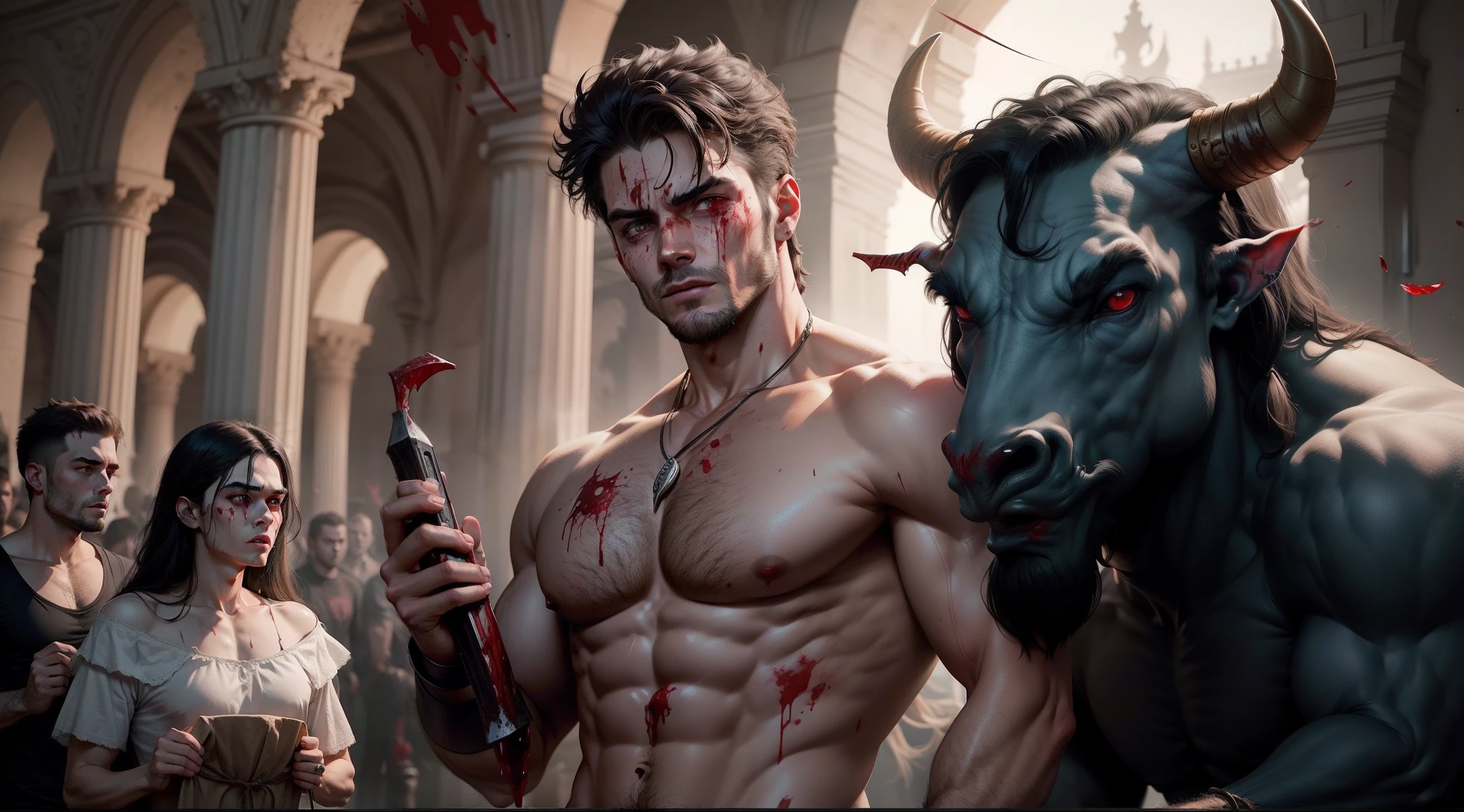 put blood on him, blured background, minotaur dead