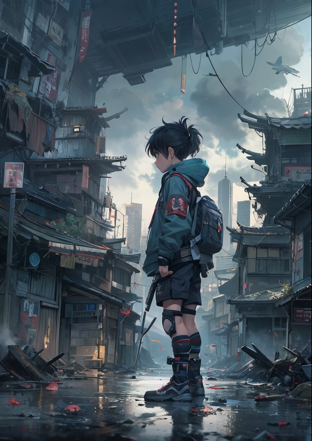 1boy,a 13 yo boy、Cyberpunk Boy、katanas,machine gun、Spiky hairstyle、Whole body bloody、Back lighting,The beginning of the adventure、Lots of clouds,heavy fog、Chaotic city of the future、ruined and devastated city、dystopian、A very complex group of Chinese buildings stands in the center、Highly complex Chinese buildings、Pretty dim lighting、Dark road、puddles、Chaotic landscape、Beautiful and fantastic scenery、Cinematic scenery、hightquality、masutepiece,8K、hight resolution、ultra-detailliert,