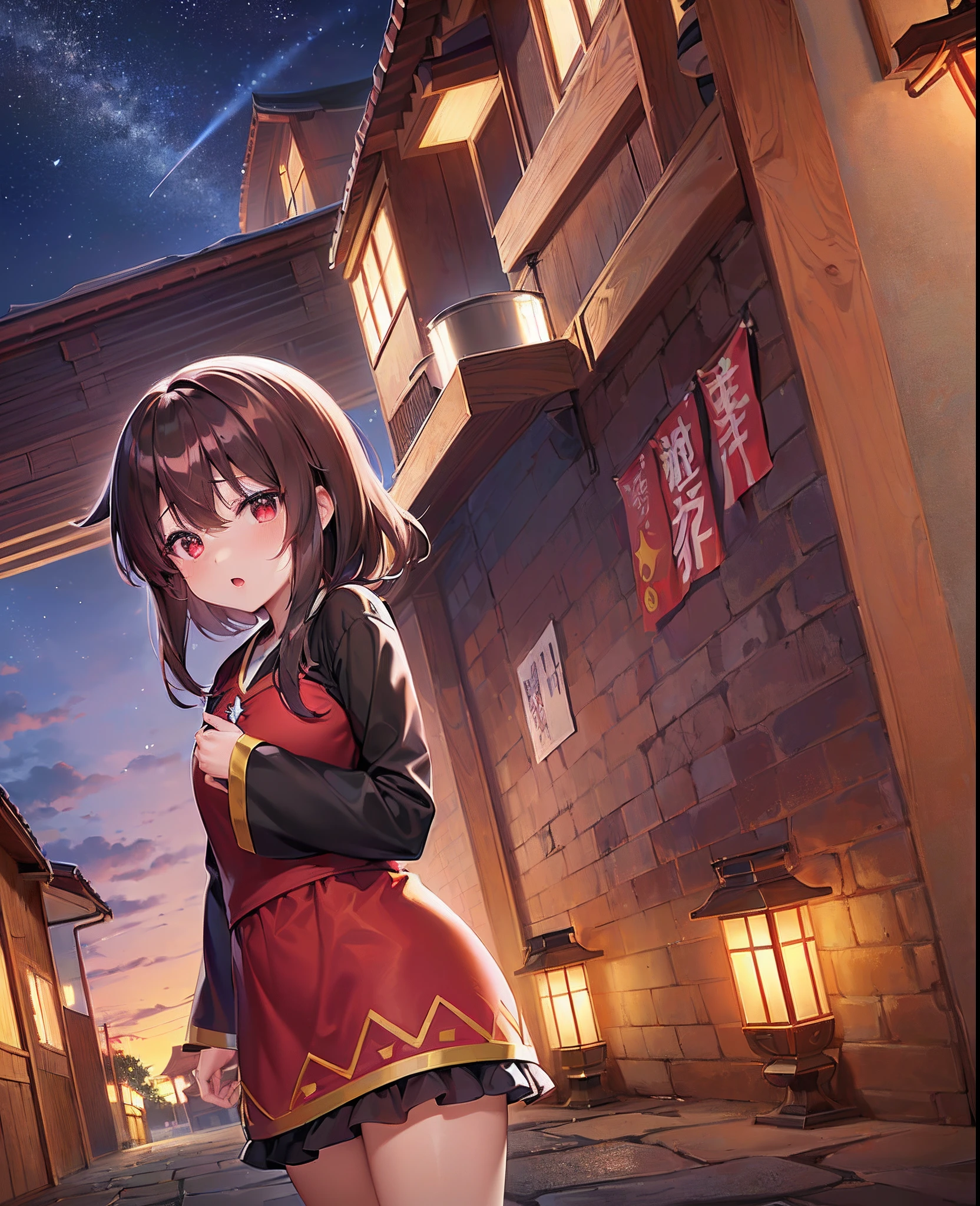 Megumin, Konosuba, Japan, Sakura, cabelos curtos, olhos vermelhos, cabelo castanho, de noite, starly sky