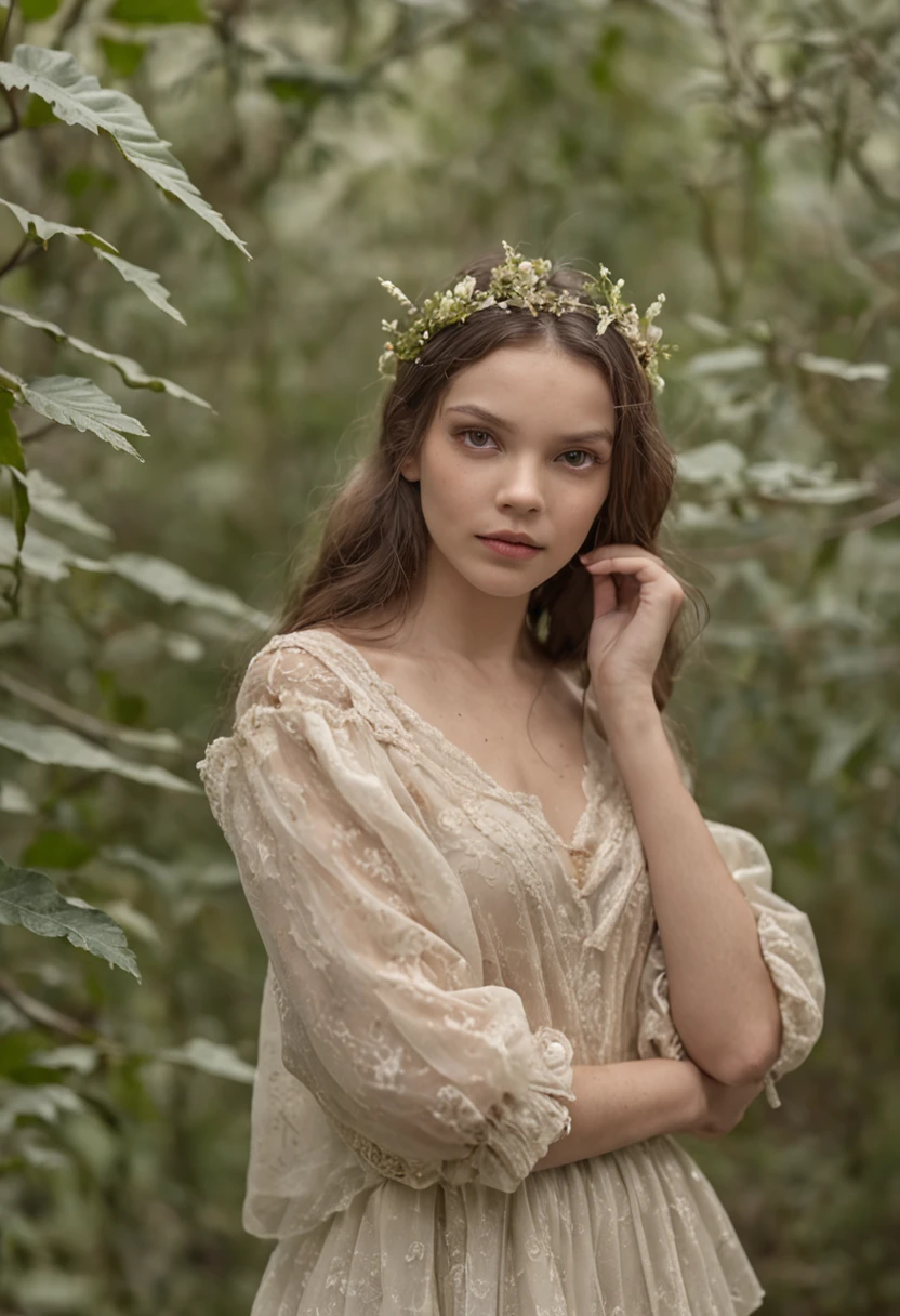 Ethereal Beauty in a Garden, digital art photograph, woman's face and body obscured by flowers, lace-trimmed garment, soft lighting, ethereal quality, dreamlike atmosphere, subtle colors, natural garden setting, Sally Mann-inspired style.