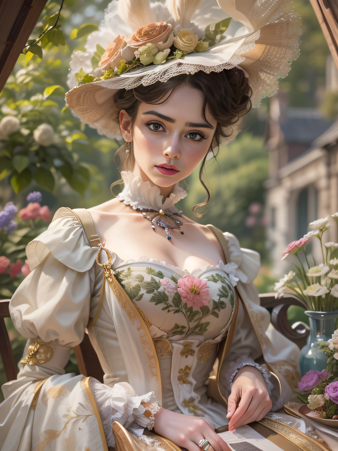 (((A hyper-realistic masterpiece))), hiquality, ultradetail, Stunning Victorian Lady 8K, Delicate silk, Embroidery outfit, Playful tapes, In the garden there is a gazebo, Kiss a man, Face detailing