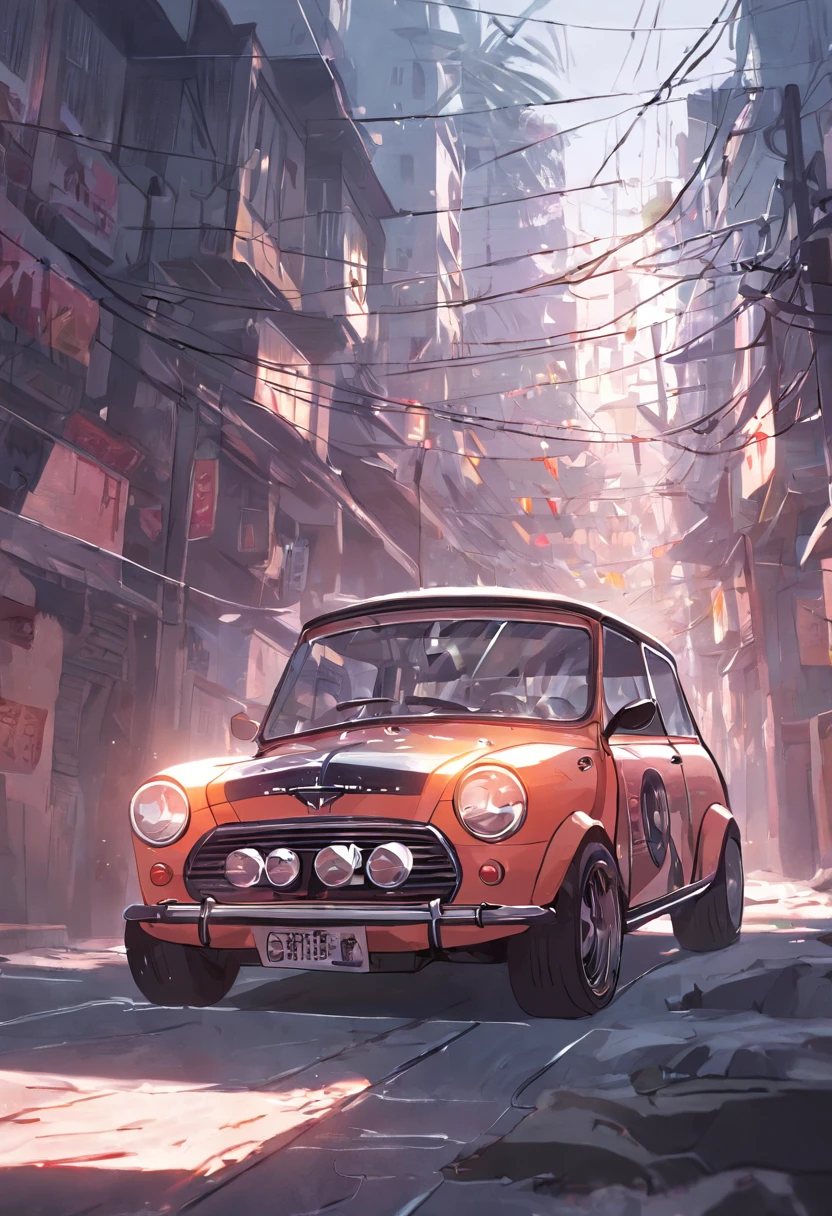 a mini Cooper identical to the real one in front of the sunset, linhas suaves, Arte do adesivo vetorial, black and white strokes, estilo vetor, 8k