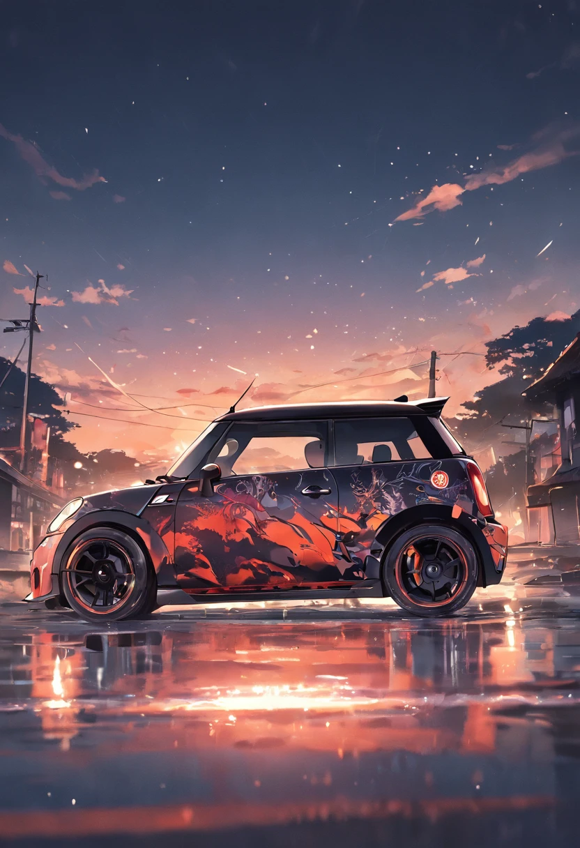 a mini Cooper identical to the real one in front of the sunset, linhas suaves, Arte do adesivo vetorial, black and white strokes, estilo vetor, 8k