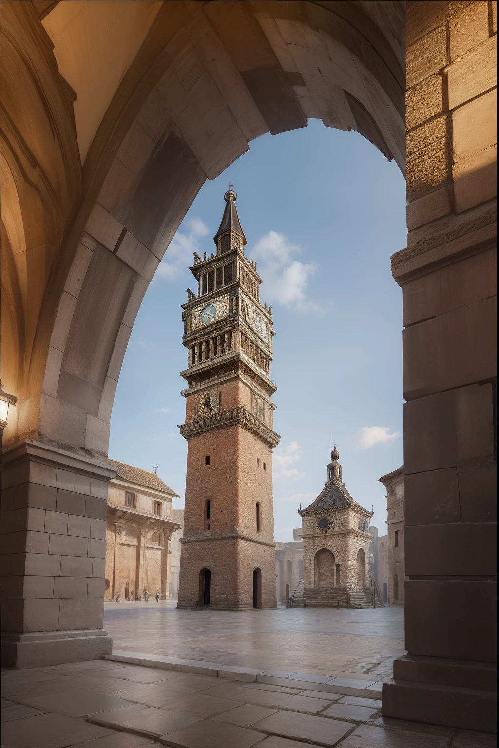 an ancient city square, hyperrealistic photo, steampunk clock tower