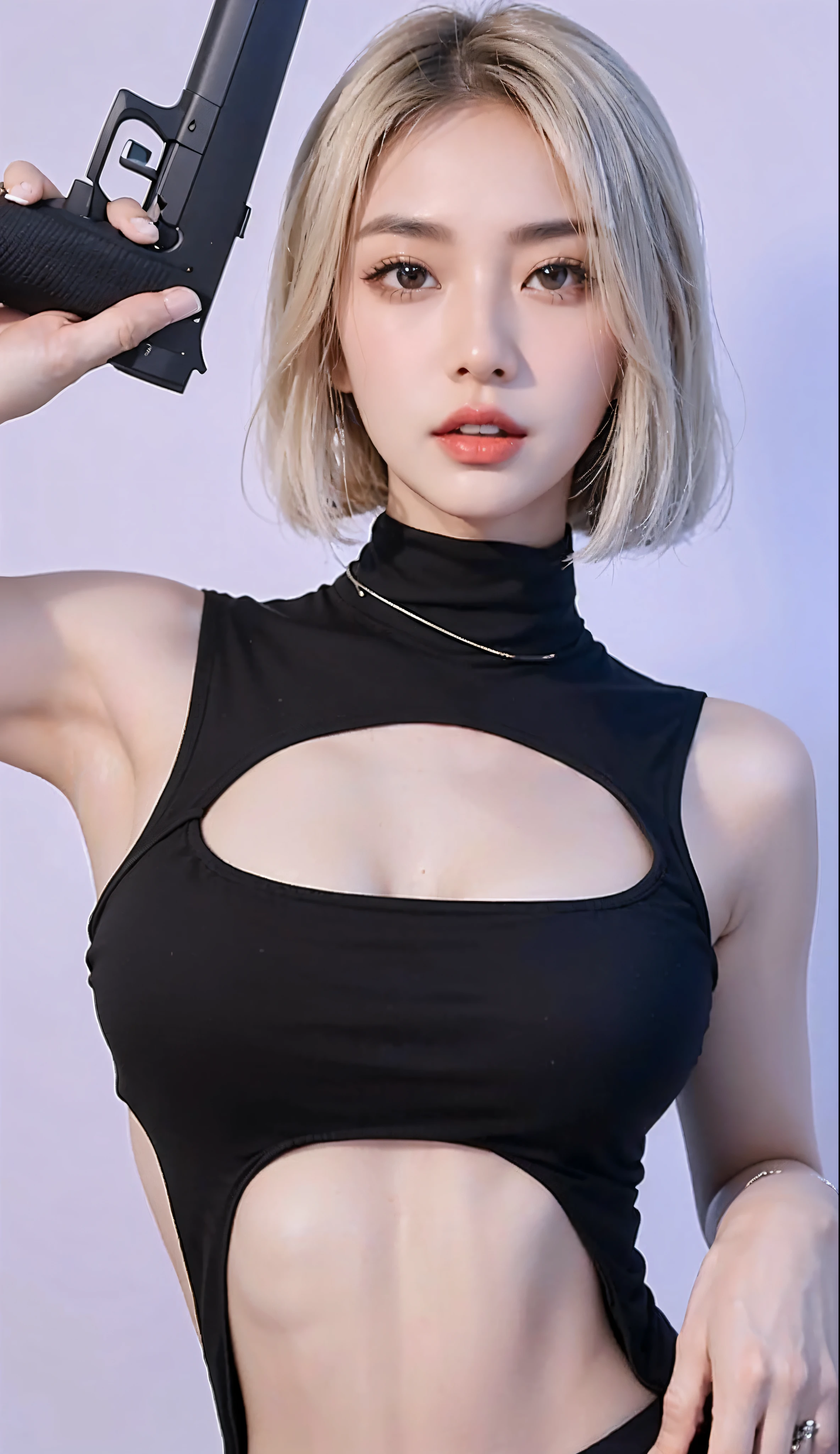 8K,Real picture,complexdetails,Hyper-detailing,(realisticlying),
and18,1girll,Android18,blond hairbl,eBlue eyes,obi strip,denim pant, the pearl_necklace,bangle,Black gloves,white shirt,short detailed hair,short- sleeved,耳Nipple Ring,Blue pants,Open the vest,black tanktop,
peace,flags,G-cup,