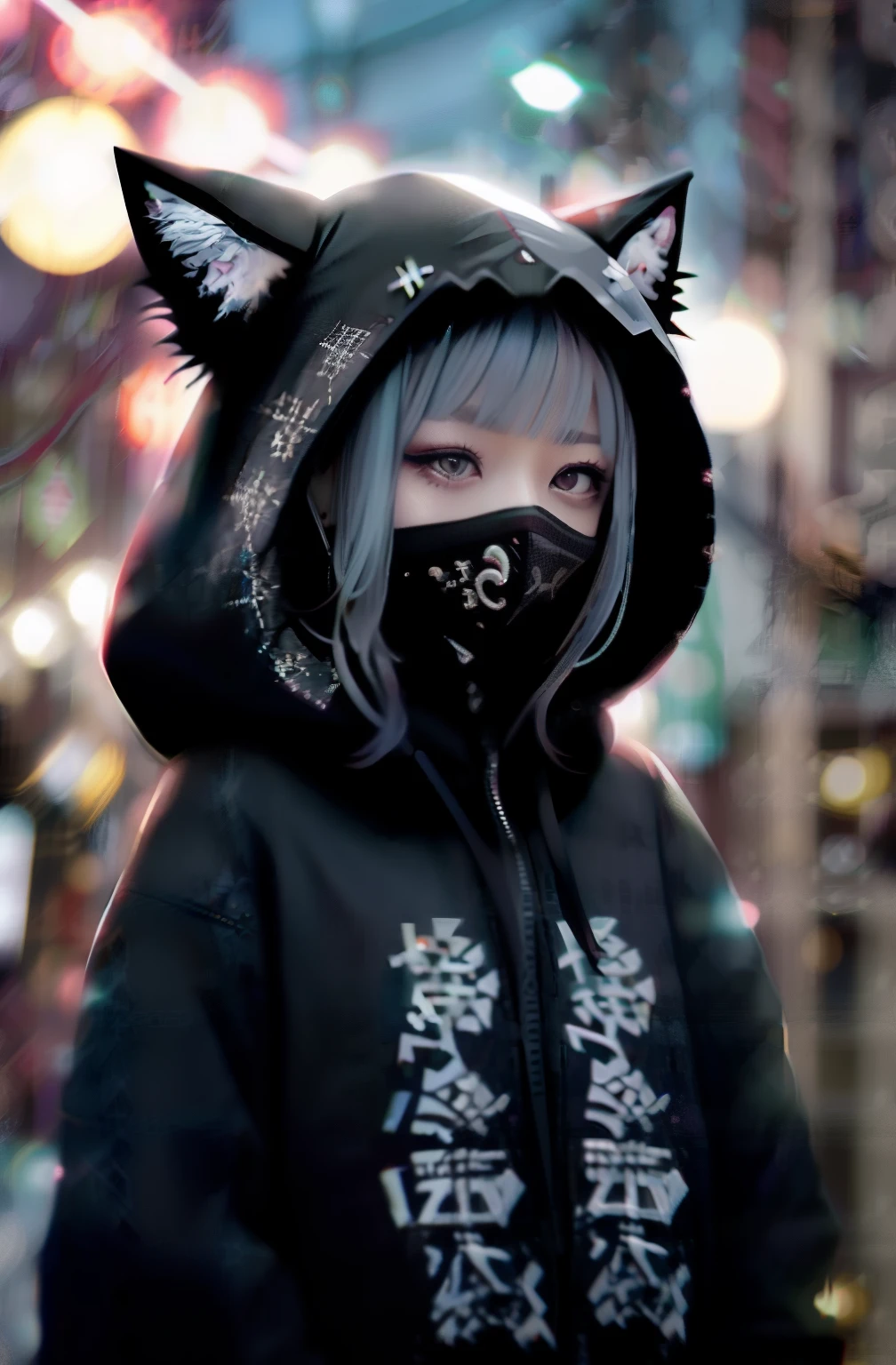 (((Hood Up )))、hoods、parka、goth_punk, 1girl in, 独奏, medium shot, Walking in Harajuku, ((during night)), bokeh dof, Neon light, Iridescent eyes, starrysky, White shiny hair, White eyebrows, Radiant hair, (iridescent white hair), 耳Nipple Ring, bangss, jewely, masks, bluntbangs, verd s eyes, Mouth mask, blurry backround, bblurry, hair adornments, Look at viewers, shorth hair, portraitures, side locks