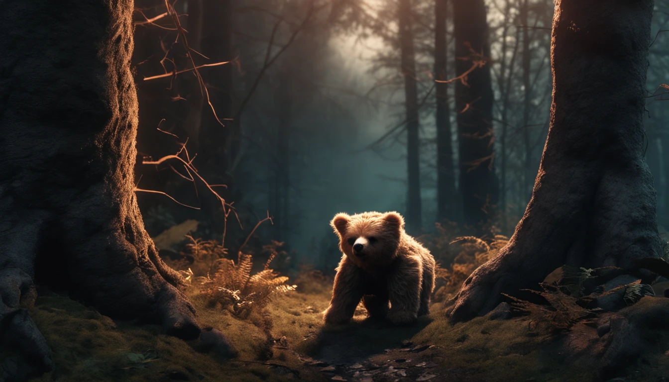 A dark nordic forest with a teddy bear mythical creature lurking.