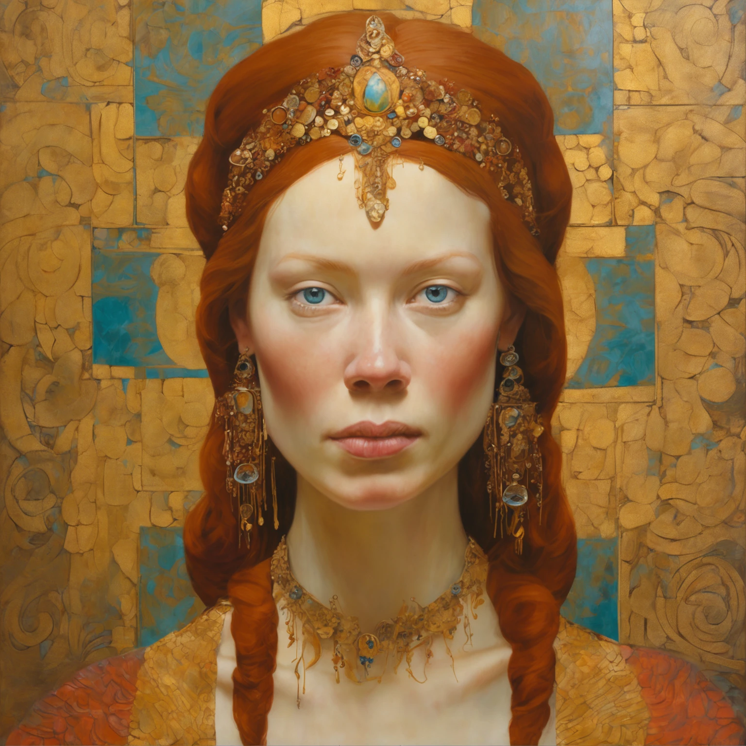 Close-up of a red-haired woman with dark eyes and a golden background, reine nordique, Inspired by James Christensen, art nouveau , inspired by James C. Christensen, style Gustav Klimt, une belle  fantastique, Ancient goddess , inspired by Tosa Mitsunobu, inspired by Edo Murtić