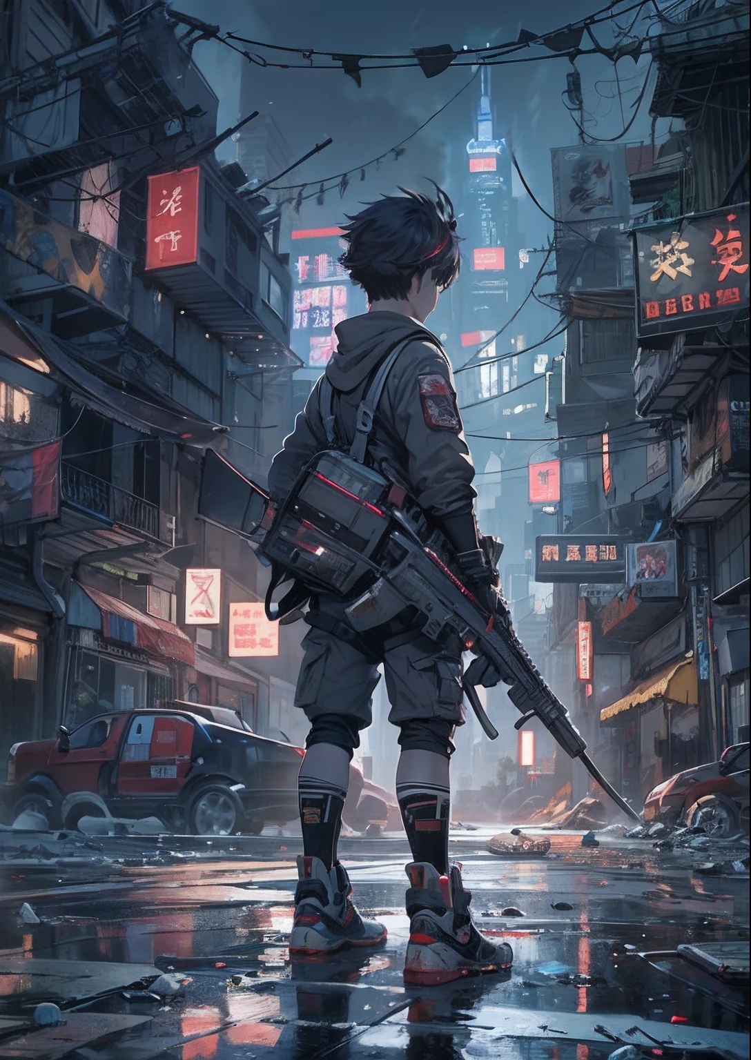 1boy,a 13 yo boy、Cyberpunk Boy、katanas,machine gun、Spiky hairstyle、Whole body bloody、Back lighting,The beginning of the adventure、Lots of clouds,heavy fog、Chaotic city of the future、ruined and devastated city、dystopian、A very complex group of Chinese buildings stands in the center、Highly complex Chinese buildings、Pretty dim lighting、Dark road、puddles、Chaotic landscape、Beautiful and fantastic scenery、Cinematic scenery、hightquality、masutepiece,8K、hight resolution、ultra-detailliert,