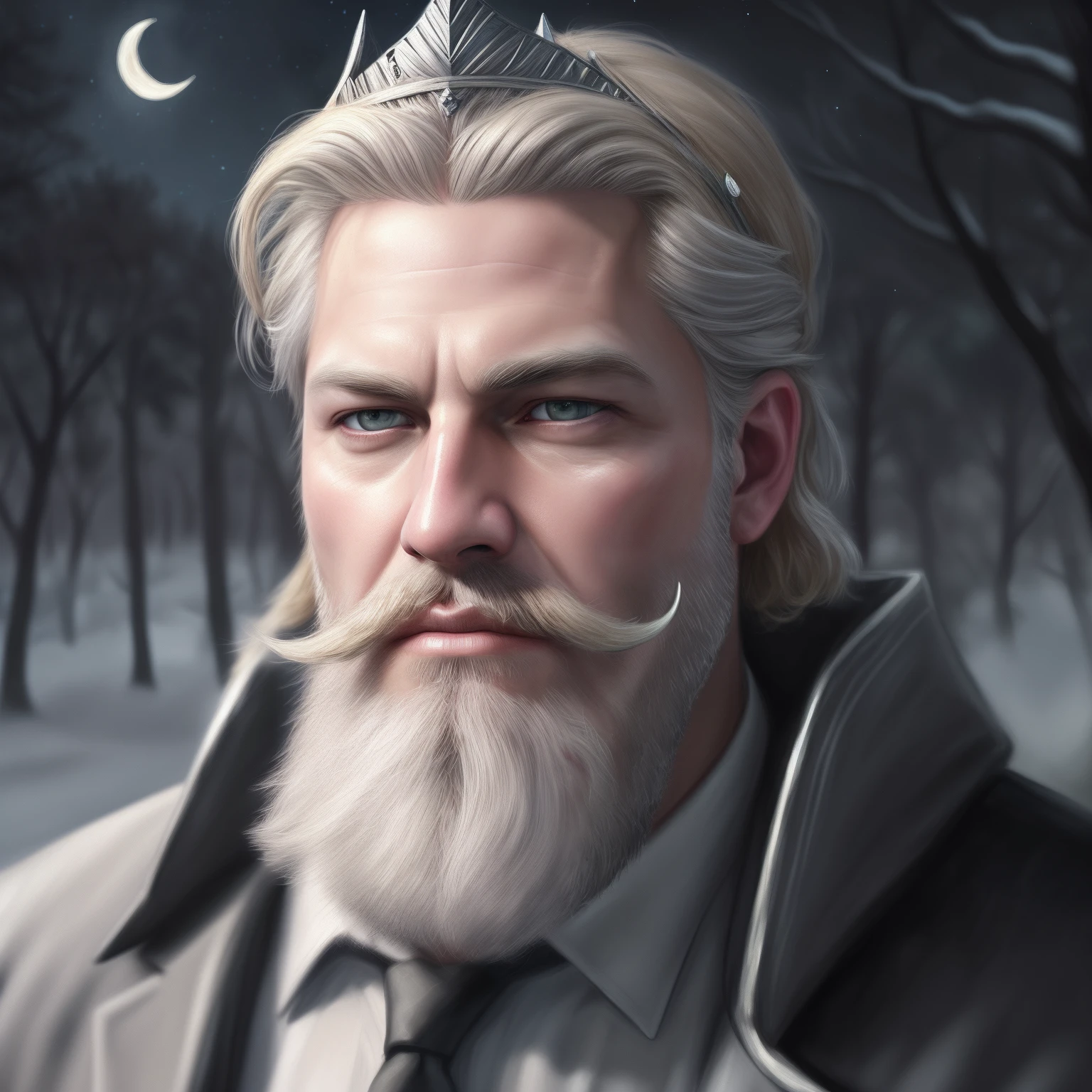 a masculine man with blonde hair and a full blonde beard with mustache, and a pale grey suit on, ((wearing a silver crown)), character art portrait, detailed character portrait, handsome stunning realistic, cgsociety portrait, rugged male portrait, epic portrait illustration, stunning digital illustration, closeup character portrait, realistic digital illustration, realistic portrait, character portrait closeup, digital dark portrait, cinematic realistic portrait, high quality portrait, elegant digital painting, photorealistic artstyle, ((night sky in the woods with crescent moon background))