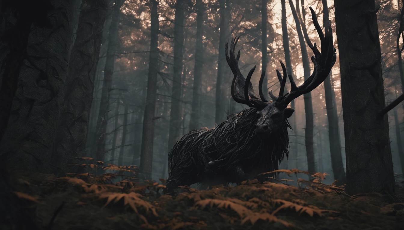 A dark nordic forest with a mythical creature lurking.