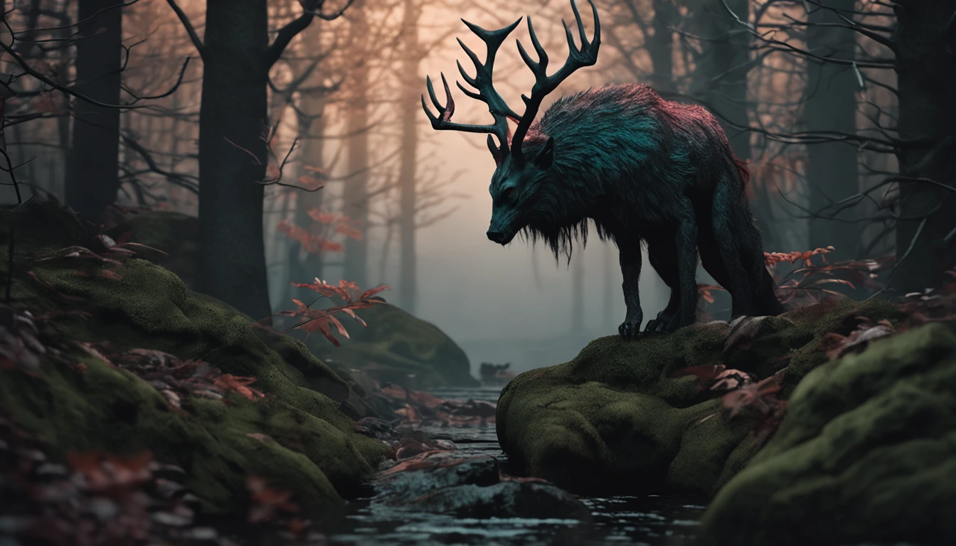 A dark nordic forest with a mythical creature lurking.