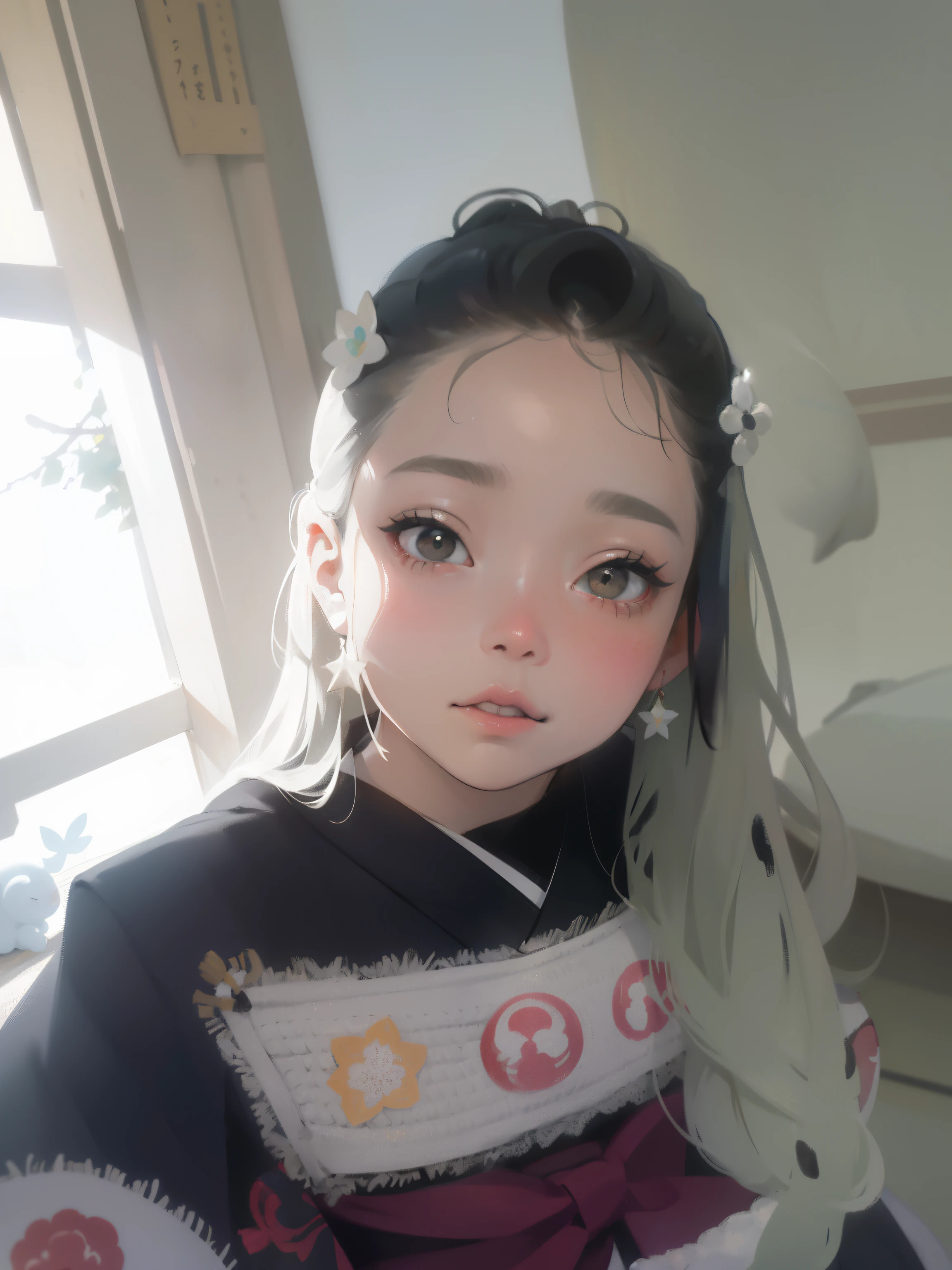 1 adesivo, etiqueta, Nikkaze, (menina bonito), (Kimono lindo), (gorgeous hair accessory), (Japanese Traditional Hairstyle), Cereja, nuvem, behind is a huge round moon, Estrelas, fundo branco, sem antecedentes, fundo simples, minimum, fofo, tiny, cor pastel, estilo vetorial, Sem gradiente,sozinho