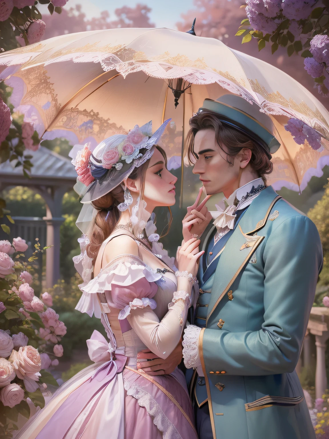 (((A hyper-realistic masterpiece))), hiquality, ultradetail, Stunning Victorian Lady 8K, Delicate silk, Embroidery outfit, Playful tapes, In the garden there is a gazebo, Kiss a man, couple, Face detailing
