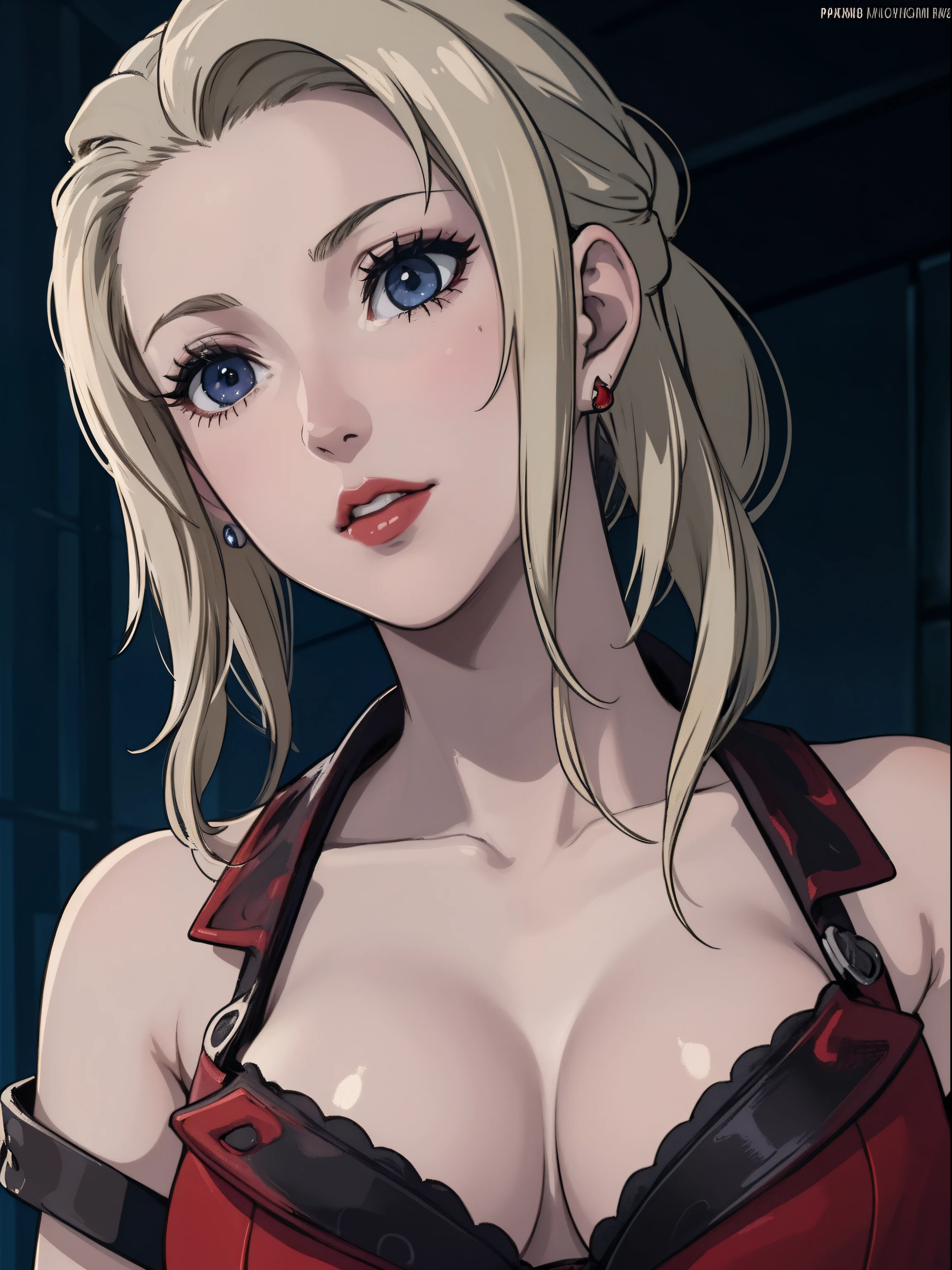 Best Quality, masutepiece, 超A high resolution, 1girl in, Sexy, In the Dark, deepshadow, lowkey, cold light, A MILF, Dinamic Light, Cinematic lighting, Cinematic lighting, downbrouse, Mature Woman, Parted hair in the middle, NSFW, Natural Breast, Upper body, A MILF, NSFW, scarlet, Final Fantasy, Blonde, close up of face, Face Detail, More about red lips