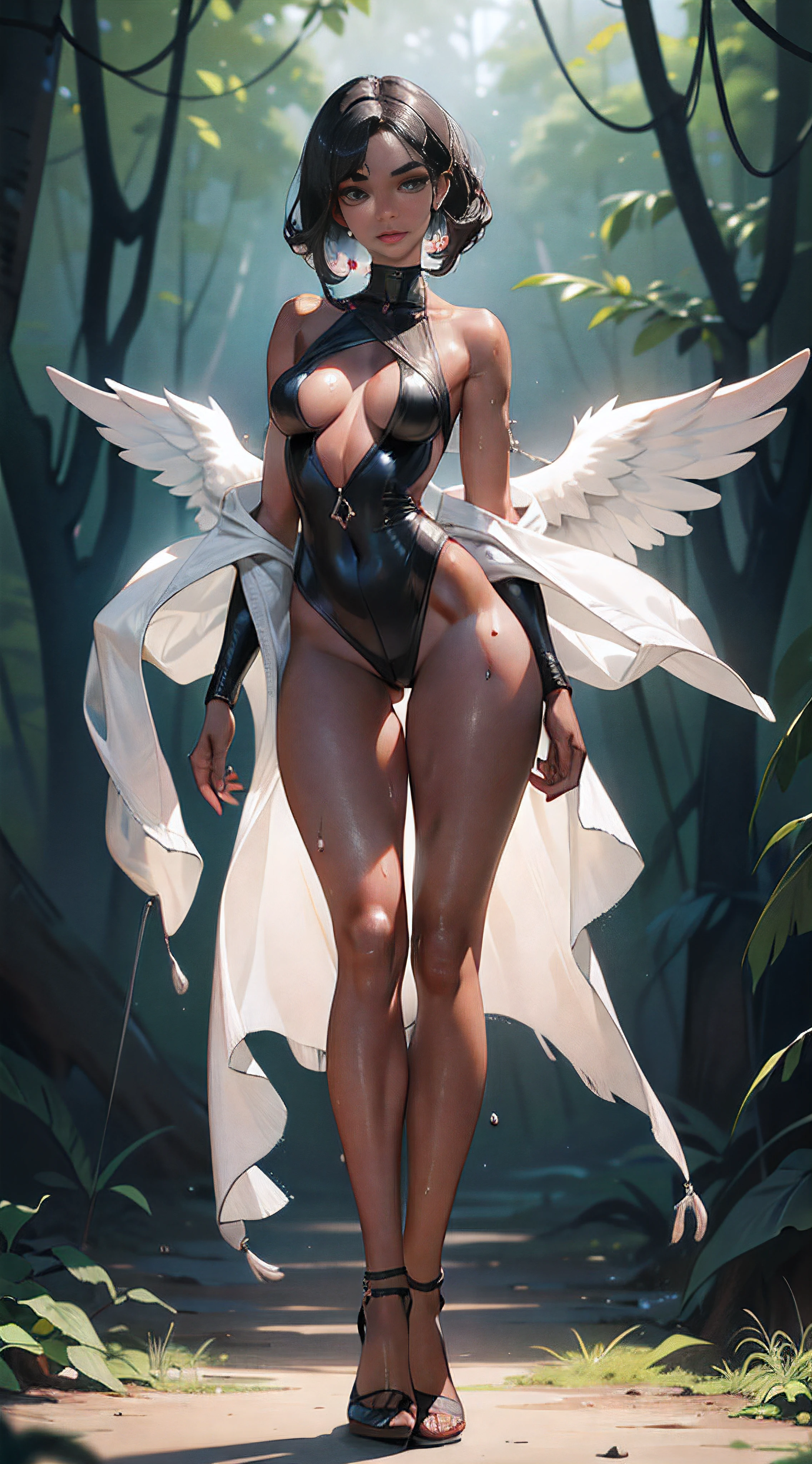 ((masterpiece)),((whole sculptural body)),((wide view of the angel)),4k,photorealism, real,hyper realistic,high res,athletic body,beautiful real sculptural body women, beautiful black african woman,black african royal thin african girl,((in the forest)),21 years old,((solo)),((real slender woman's face)),revealing body parts, transparent,hyper realistic, ultra detailed skin, small chest, ((visible,((transparent clothes)),neckline,((full body)),(masterpiece),(detailed high face),(high details),4k,8k , high res, ((hanging breasts)),normal, ultra realistic,(cinematic lighting),(cinematic pose)) masterpiece, best_quality, 1girl, solo, dirty, very dirty body, dirty with dust,with torn clothes, clothes in pieces, scraps of clothing, sweat, excessive sweat, sweaty body, drops of sweat by the body, hair showing, black hair, back
