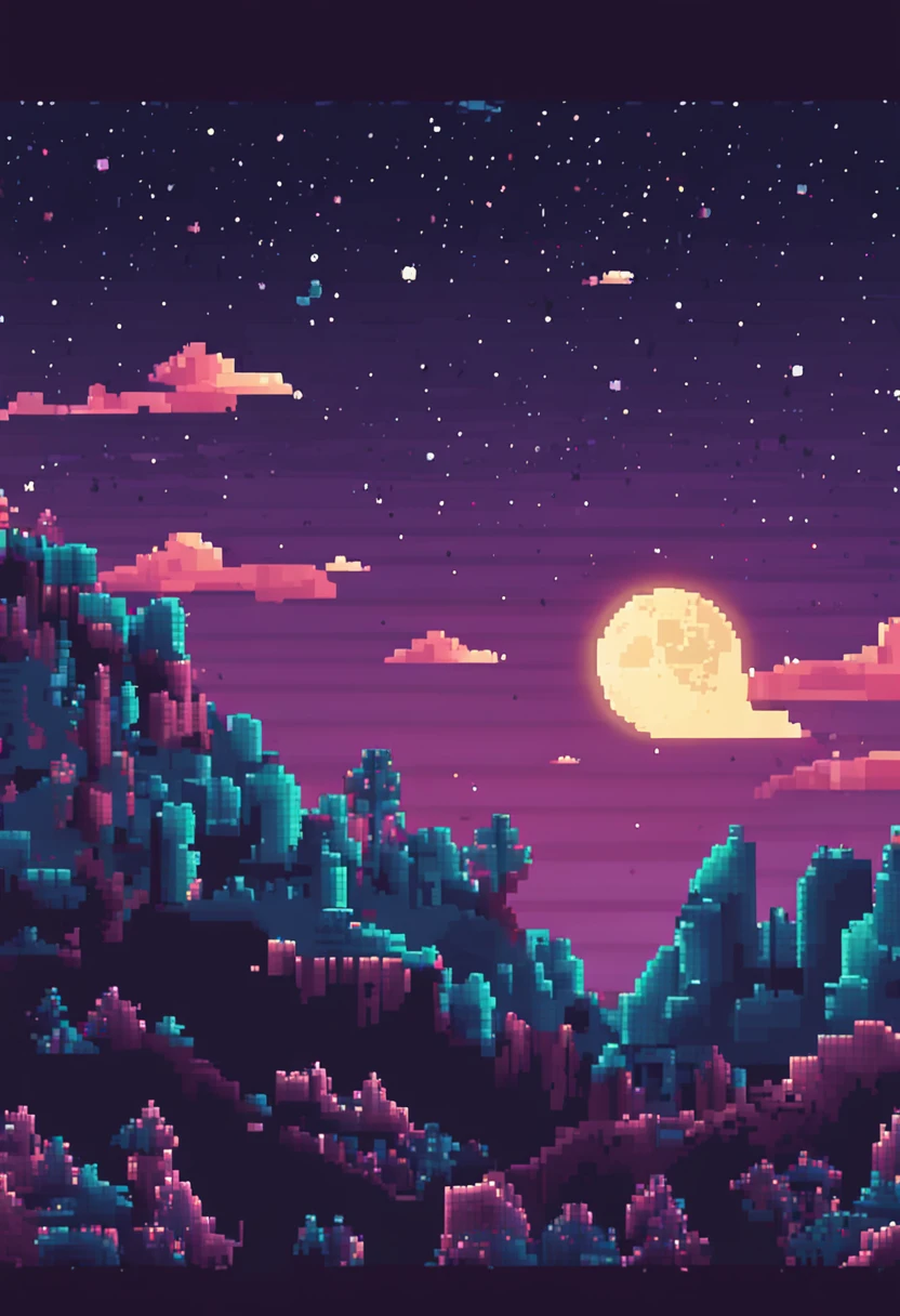 Pixel art of a huge moon in the dark, spoiled night sky, bela arte detalhada do pixel, pixel art detalhado, lo-fi retro videogame, Conceito PixelArt, arte detalhada do pixel, estilo pixel art, cidade de pixel, pixel art animation, pixel art de alta qualidade, starly sky, arte lowpoly cor super detalhada, com uma pequena fonte luz alaranjada no canto esquerdo, como se fosse uma fogueira #pixelarte:3, # pixelarte, #pixelarte