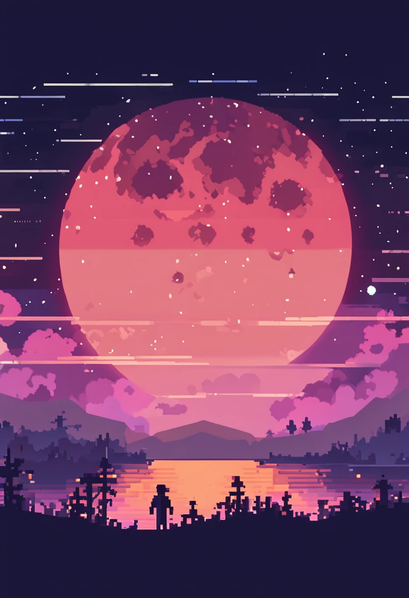Pixel art of a huge moon in the dark, spoiled night sky, bela arte detalhada do pixel, pixel art detalhado, lo-fi retro videogame, Conceito PixelArt, arte detalhada do pixel, estilo pixel art, cidade de pixel, pixel art animation, pixel art de alta qualidade, starly sky, arte lowpoly cor super detalhada, com uma pequena fonte luz alaranjada no canto esquerdo, como se fosse uma fogueira #pixelarte:3, # pixelarte, #pixelarte