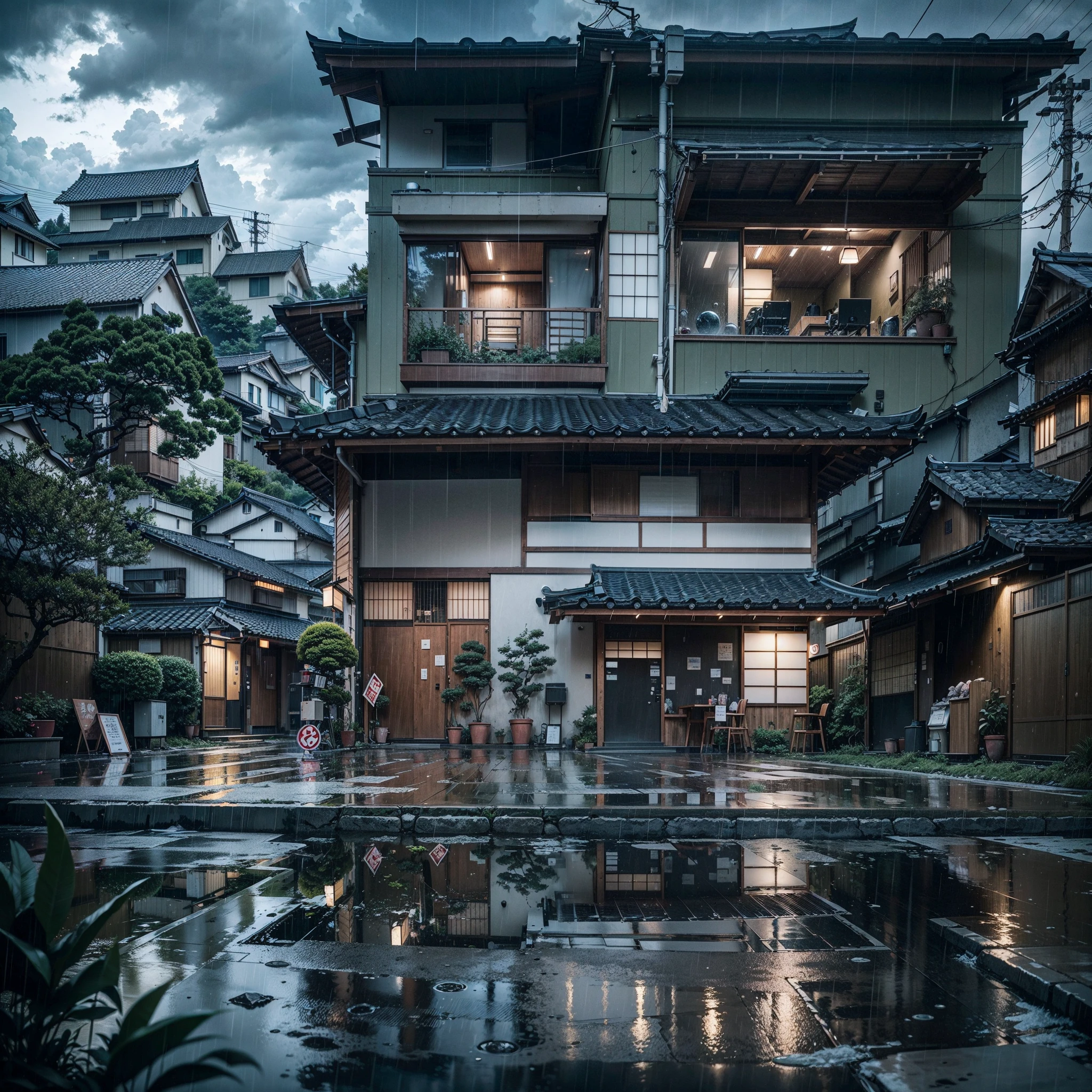 suburban modern Japanese village, modern Japanese architecture. modern houses. Japanese coffee shop. modern architecture. Best quality. No one in sight. Anime. Anime style. lofi. dramatic weather. wide view. raining, gloomy weather, heavy rain, puddles of rain