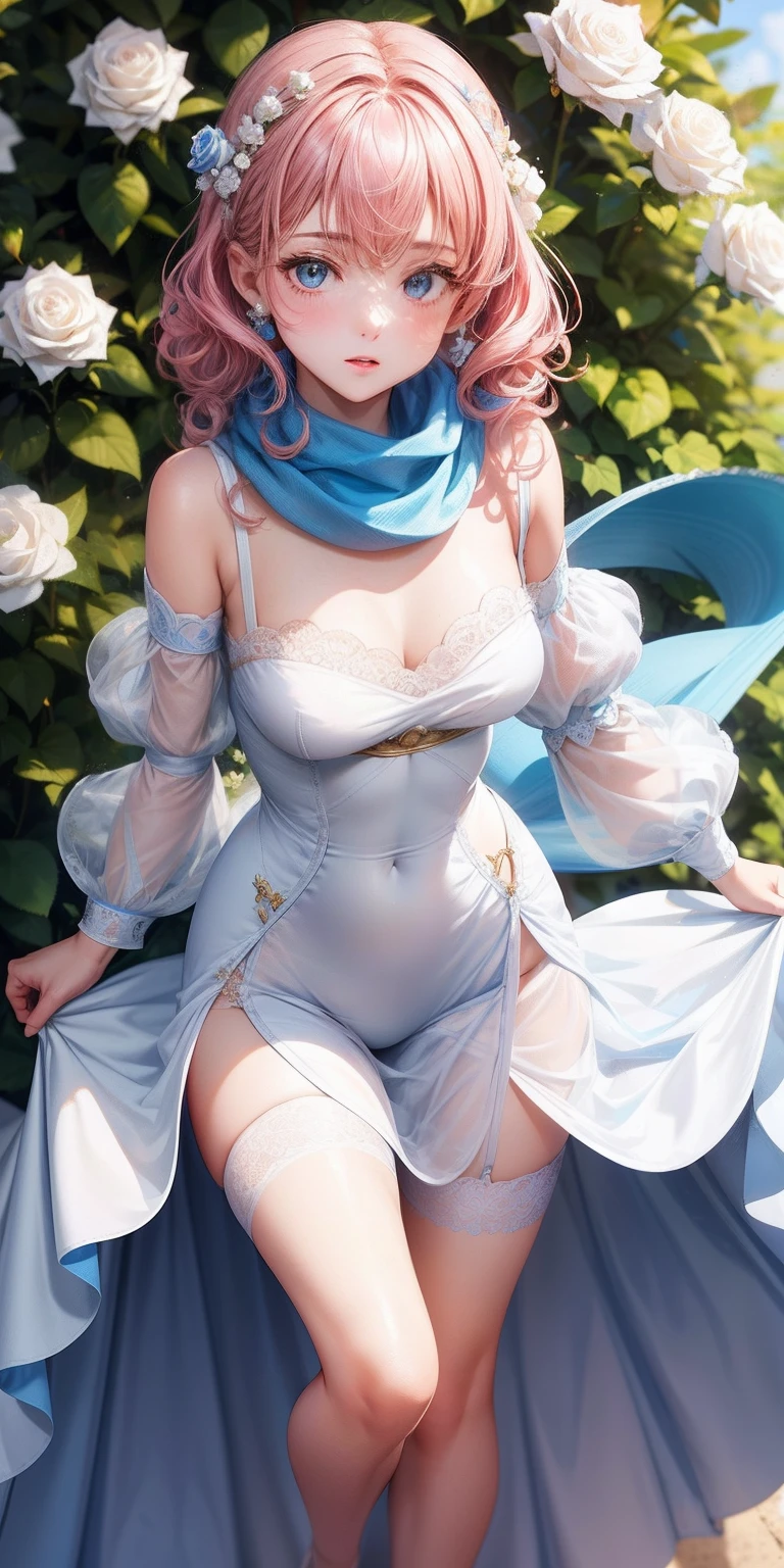 wearing long  blue  tight dress with detsils of white small roses short bubble sleeves,is a woman with her small breasts, tiny waist huge hips , a blue scarf  attached to a round brown gemstone is on top her pink and white  curly  hair