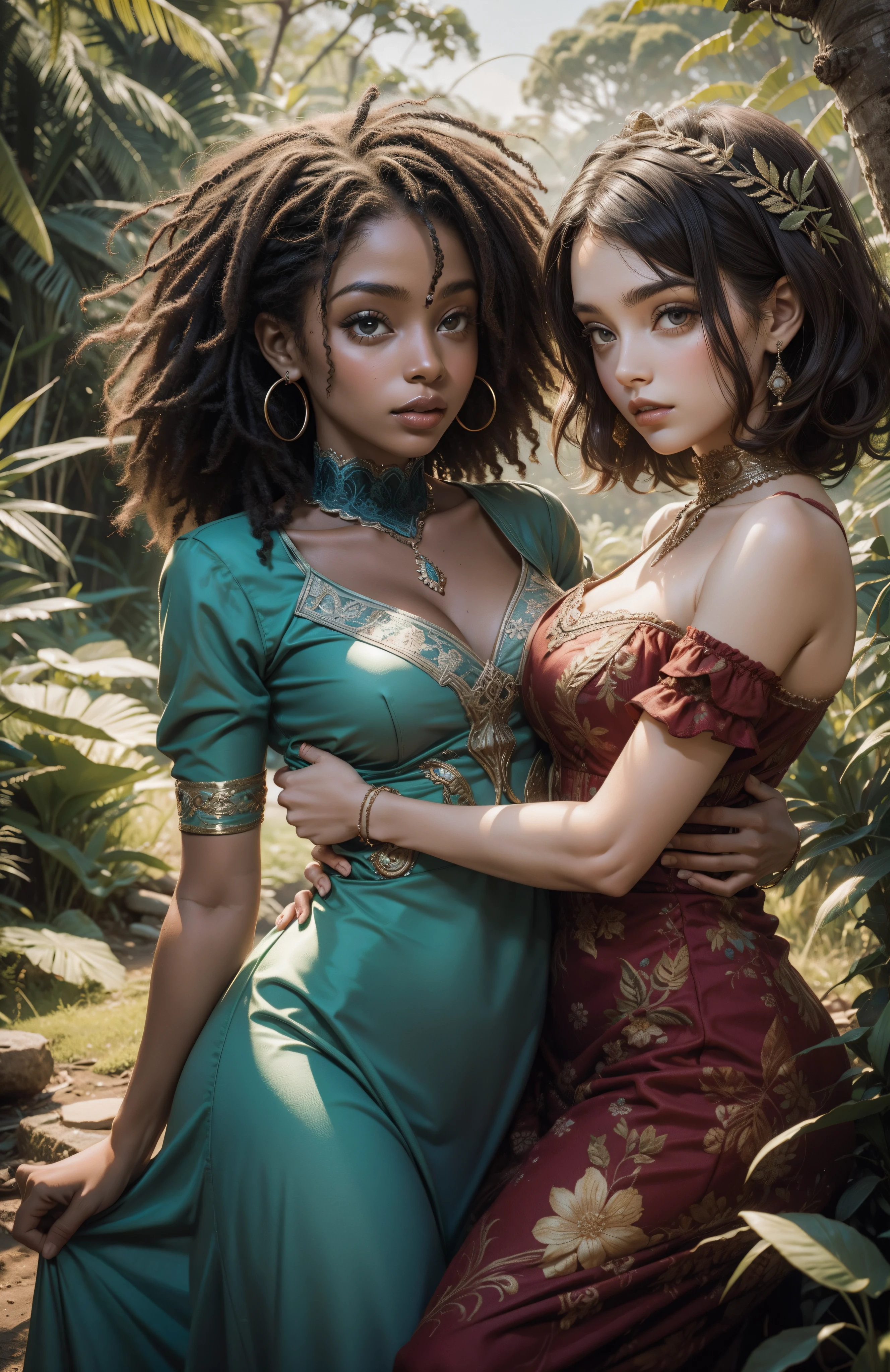 Duas mulheres uma loira e a outra afro-americana de vestido longo na selva