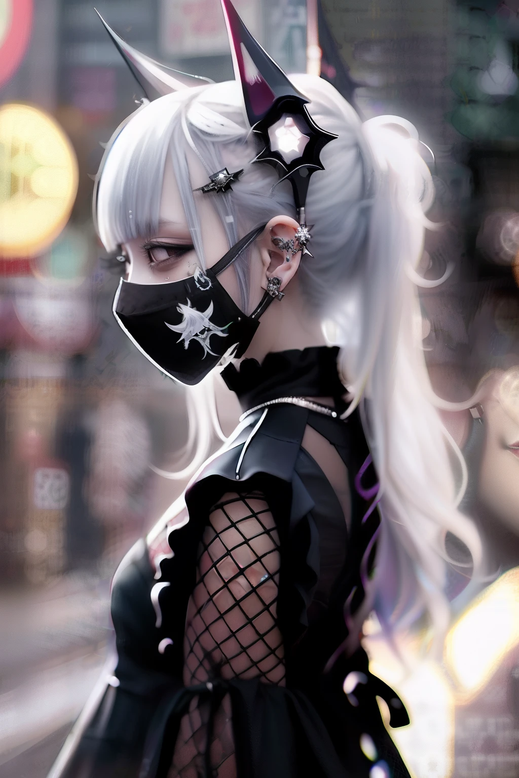 vampire costume、goth_punk, 1girl in, 独奏, medium shot, Walking in Harajuku, ((during night)), bokeh dof, Neon light, Iridescent eyes, starrysky, White shiny hair, White eyebrows, Radiant hair, (iridescent white hair), 耳Nipple Ring, bangss, jewely, masks, bluntbangs, verd s eyes, Mouth mask, blurry backround, bblurry, hair adornments, Look at viewers, shorth hair, portraitures, side locks