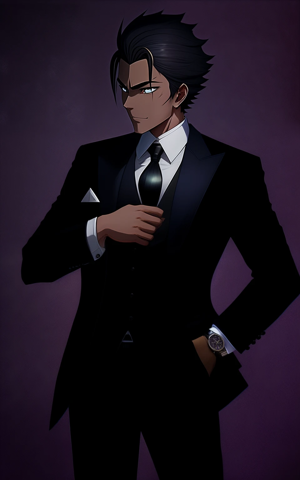 Anime character wearing a suit and tie as a watch, Eye color is golden,I am thanking you kindly to the front.,Handsome Anime Pose, in a strict suit, in a strict suit, epic and classy portrait, Wearing a strict business suit, Dark suit, in his suit, inspired by Masanobu Okumura, beautiful androgynous prince, stylized portrait formal pose, Dressed in a suit, wearing a black noble suit
