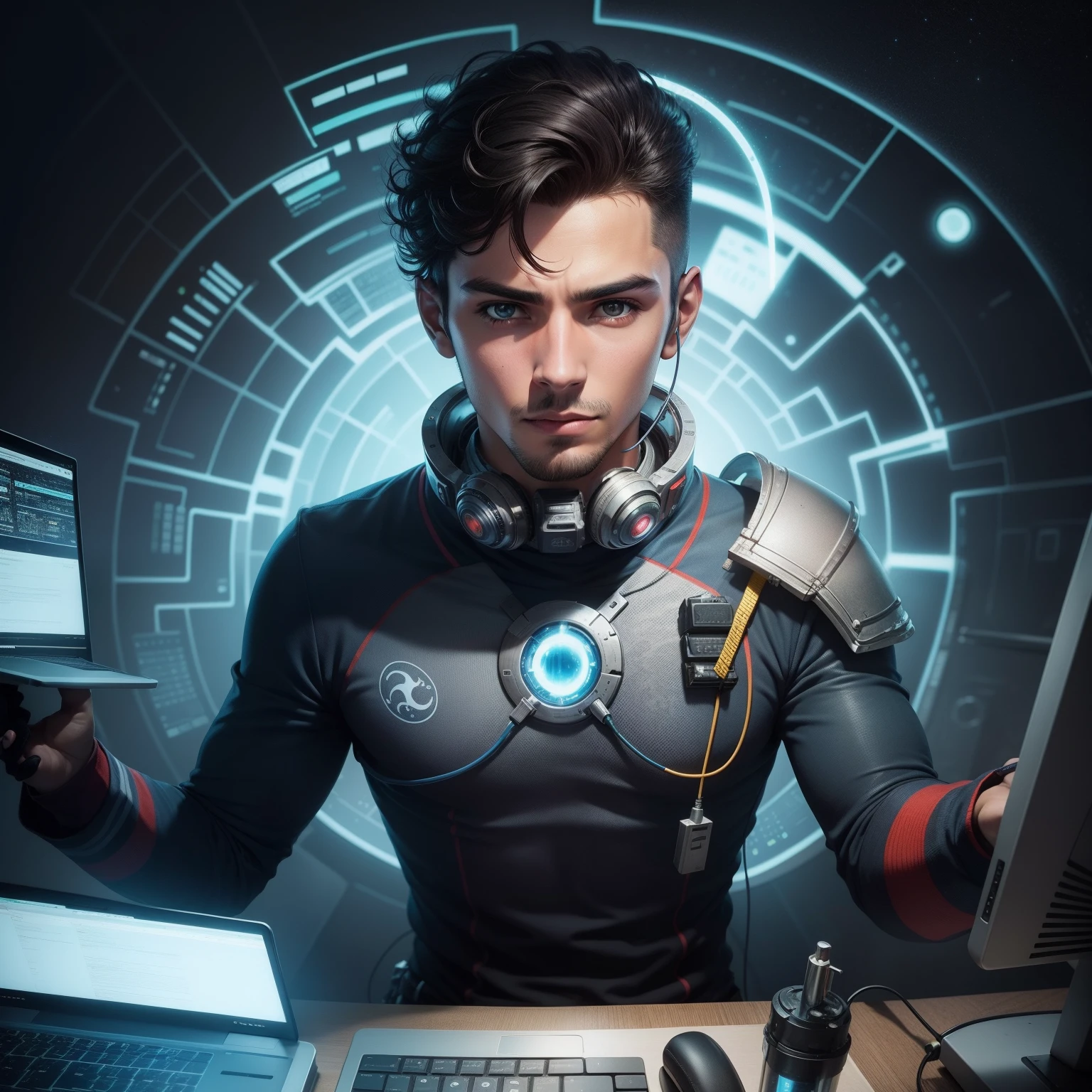 Garoto tecnico de informatica, moreno de casaco, tema espacial
