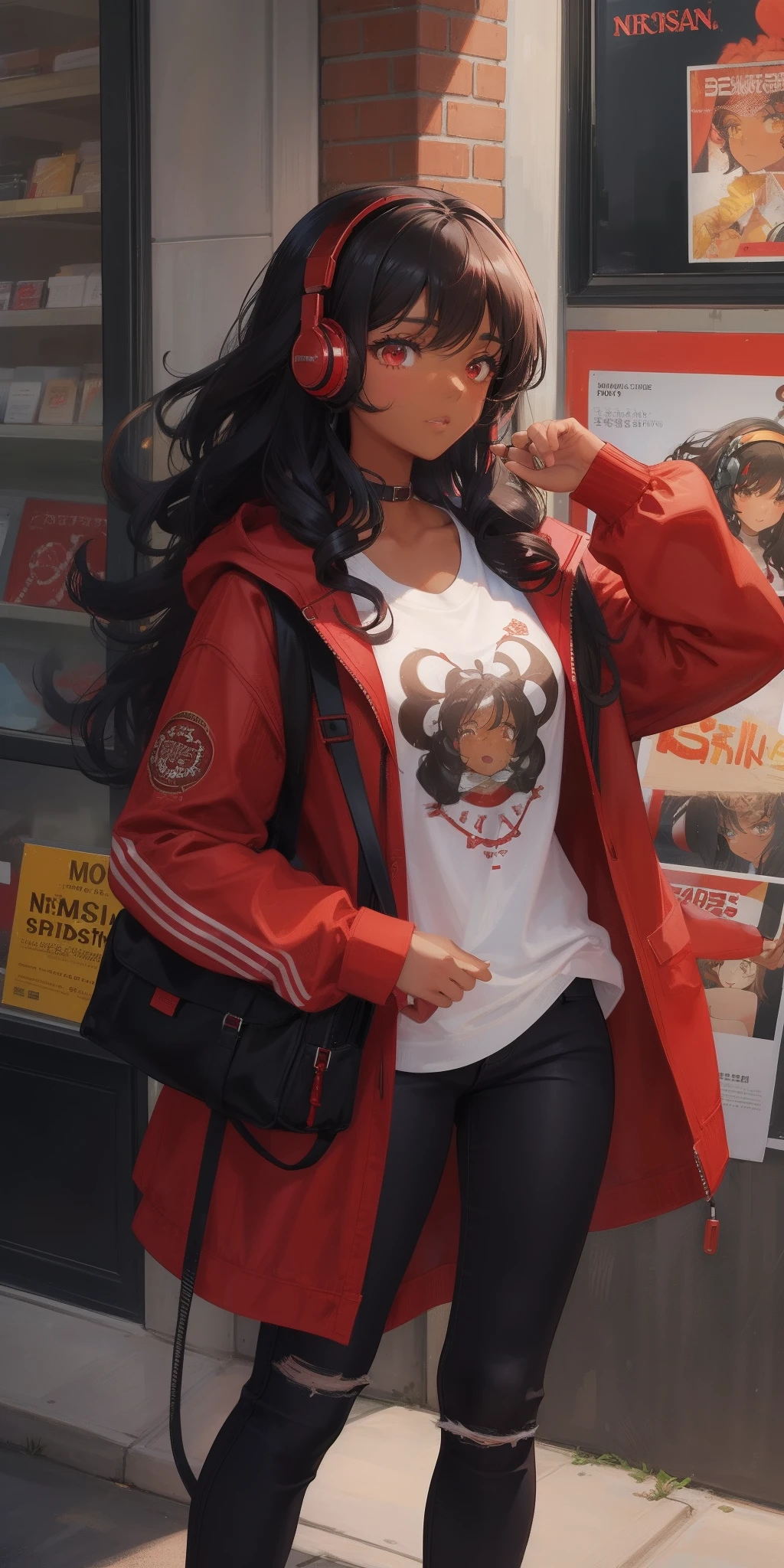 1 girl, brown skin, (masterpiece), curly hair, Black hair, Red headphone, anime girl, latina, red coat, Black jeans