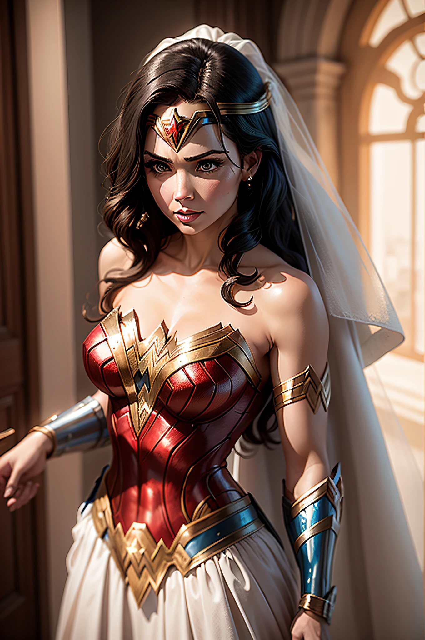 ((ultra detailed, masterpiece, absurdres))
DOAHelena, 1girl, wonder woman, long hair, black hair, wearing a wedding dress, bridal veil, inside a church, Wonder Woman as the Bride，Wearing white wedding dress，,  Gal Gadot plays Wonder Woman, Pretty face，Rich in details，Smile charmingly，Bodybuilding，Full figure，huge breasts, huge ass, plump body, sexy uniform wedding dress，super huge ass