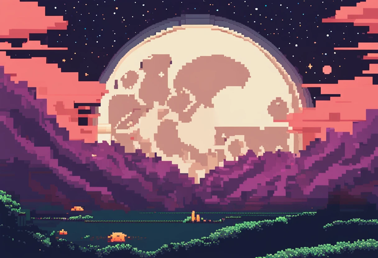 Pixel art of a huge moon in the dark, spoiled night sky, bela arte detalhada do pixel, pixel art detalhado, lo-fi retro videogame, Conceito PixelArt, arte detalhada do pixel, estilo pixel art, cidade de pixel, pixel art animation, pixel art de alta qualidade, starly sky, arte lowpoly cor super detalhada, com uma pequena fonte luz alaranjada no canto esquerdo, como se fosse uma fogueira #pixelarte:3, # pixelarte, #pixelarte