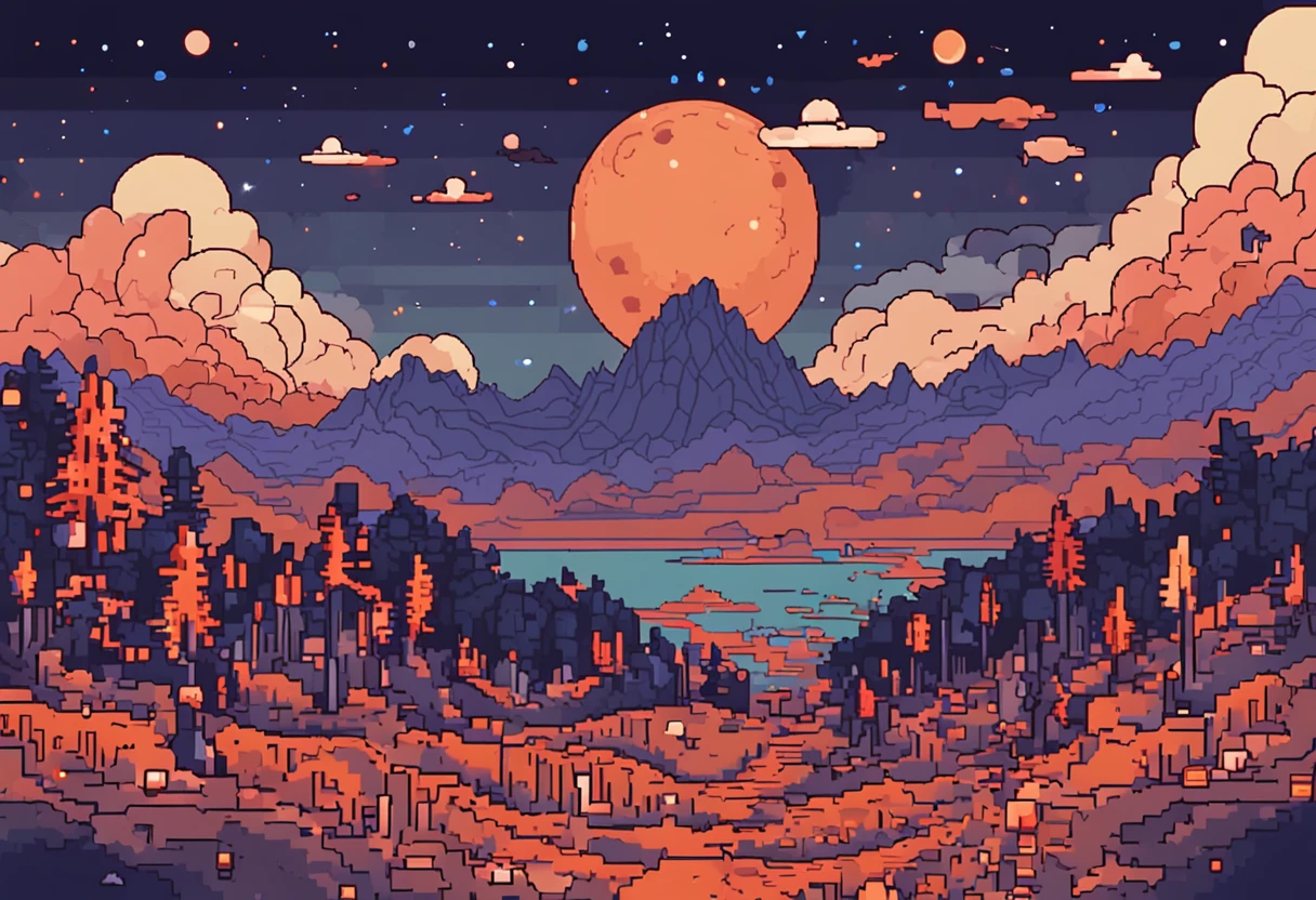 Pixel art of a huge moon in the dark, spoiled night sky, bela arte detalhada do pixel, pixel art detalhado, lo-fi retro videogame, Conceito PixelArt, arte detalhada do pixel, estilo pixel art, cidade de pixel, pixel art animation, pixel art de alta qualidade, starly sky, arte lowpoly cor super detalhada, com uma pequena fonte luz alaranjada no canto esquerdo, como se fosse uma fogueira #pixelarte:3, # pixelarte, #pixelarte