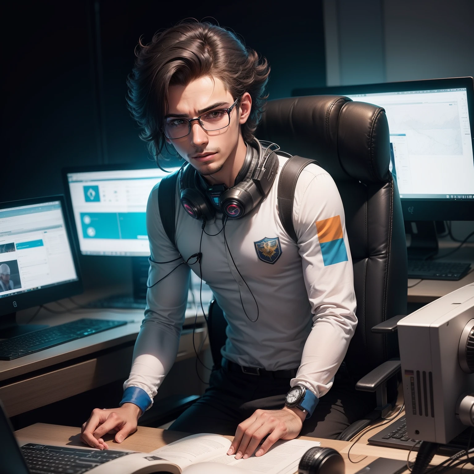 Garoto tecnico de informatica, moreno de casaco, Tema espacial, e cabelo mais ou menos liso