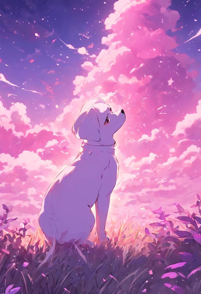 Add in background sky with pink and purple clouds stars. Dreamy land, grass, heaven like. Preserve the white puppy from image to image