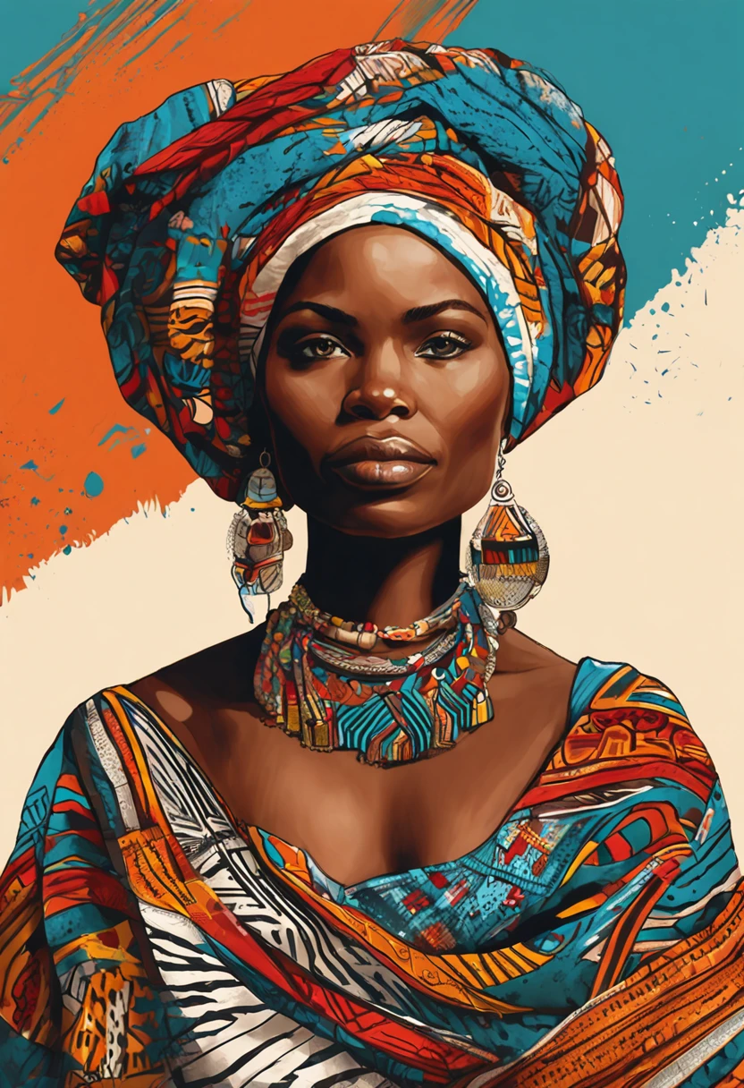 A portrait of a stunning hausa woman depicted in vibrant colors and patterns, celebrating her African heritage. The artwork showcases intricate details and bold brushstrokes, capturing the essence of her beauty and radiance. The image is ideal for a contemporary and culturally inspired wall art piece.