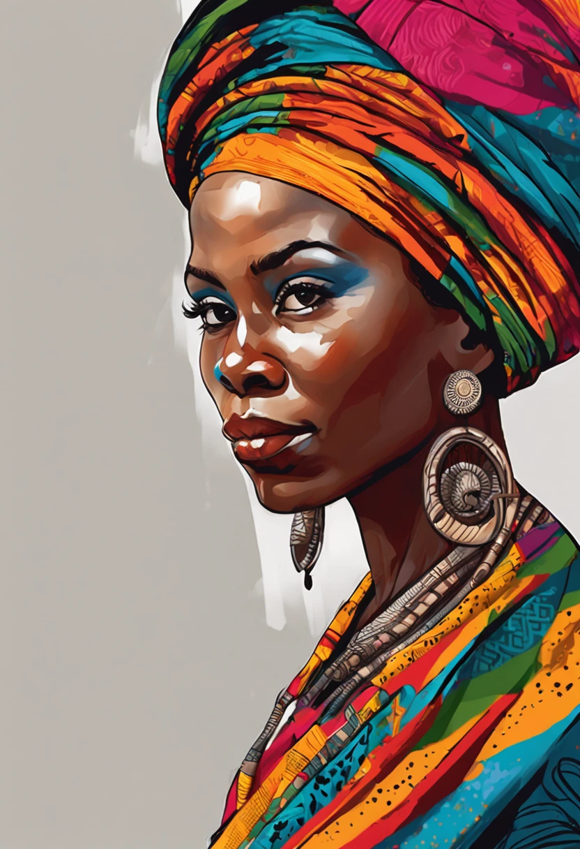 A portrait of a stunning hausa woman depicted in vibrant colors and patterns, celebrating her African heritage. The artwork showcases intricate details and bold brushstrokes, capturing the essence of her beauty and radiance. The image is ideal for a contemporary and culturally inspired wall art piece.