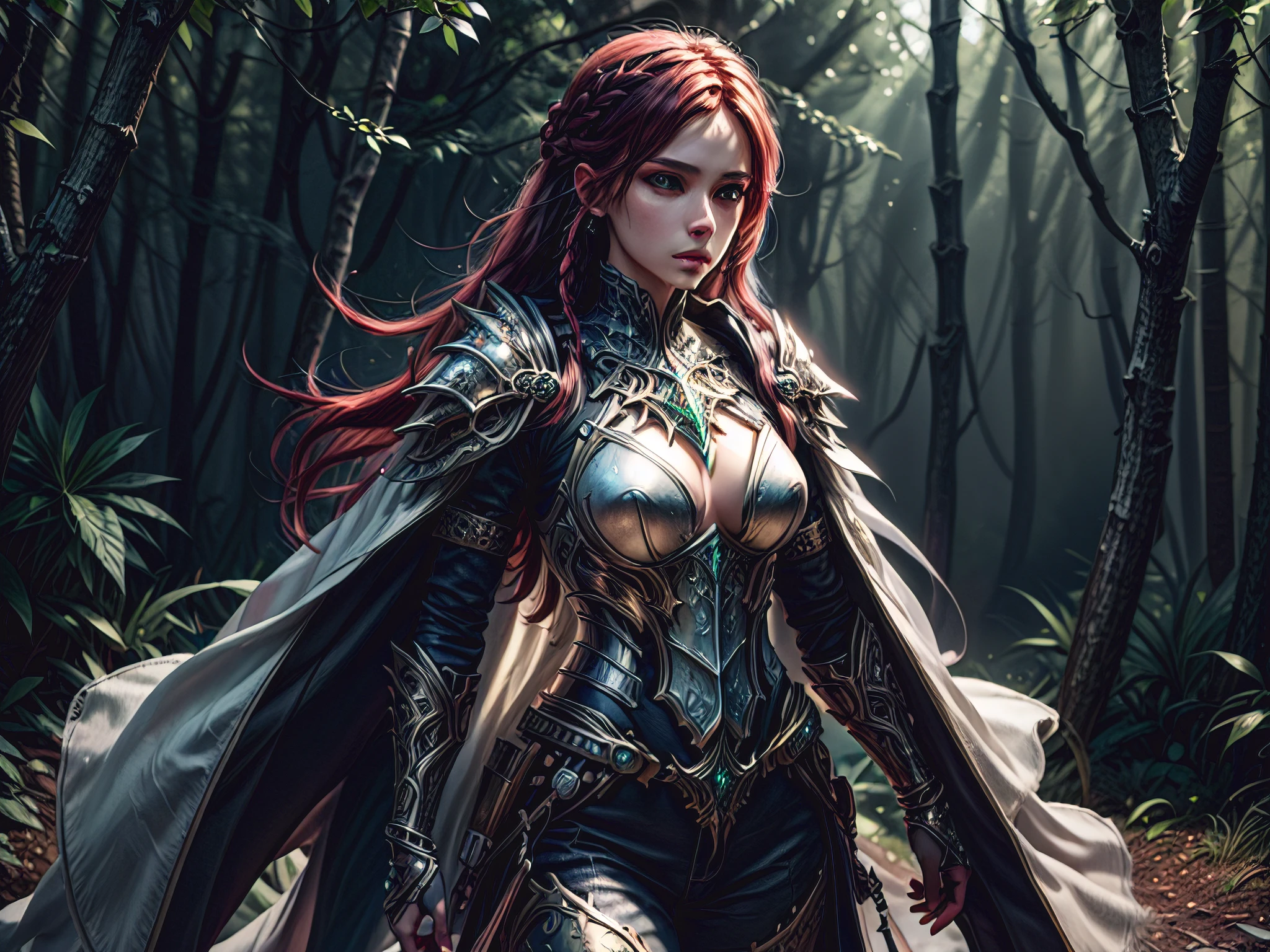 a picture of woman paladin of nature protecting the forest, controlling magical plants, tanjoreai, a woman holy knight, protector of nature, full body (best details, Masterpiece, best quality :1.5), red hair, long hair, full body (best details, Masterpiece, best quality :1.5), ultra detailed face (best details, Masterpiece, best quality :1.5), ultra feminine (best details, Masterpiece, best quality :1.5), red hair, long hair, braided hair, pale skin, blue eyes, intense eyes, wearying heavy armor, white armor (best details, Masterpiece, best quality :1.5), green cloak, flowing cloak, armed with a sword, glowing sword fantasysword sword, fantasy forest background, D&D art, RPG art, magical atmosphere magic-fantasy-forest, ultra best realistic, best details, best quality, 16k, [ultra detailed], masterpiece, best quality, (extremely detailed), ultra wide shot, photorealism, depth of field, hyper realistic painting, 3D rendering