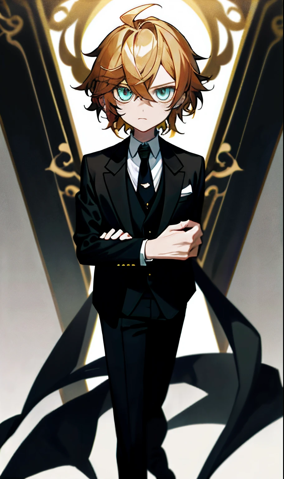 Cartoon man in suit with tie standing with arms crossed, Wearing a strict business suit, wearing a black noble suit, formal clothes, wears a suit, man in black suit, Wearing a business suit, wearing tuxedo, he is wearing a suit, Black tie, wearing a suit and a tie, wearing a business suit,Anime character with suit and tie as a watch, eye color is golden,Thank you kindly to the front.,Handsome Anime Pose, in a strict suit, in a strict suit, epic and classy portrait, Wearing a strict business suit, Dark suit, in his suit, inspired by Masanobu Okumura, beautiful androgynous prince, stylized portrait formal pose, Dressed in a suit, wearing a black noble suit.
