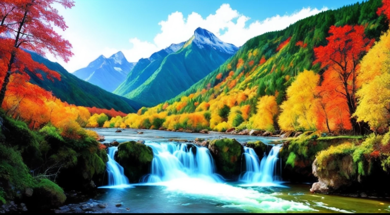 Estlo Picasso painting of a waterfall in a mountain valley with a forest and mountains in the background, scenery art detailed, paisaje natural, Obras de arte de paisajes, paisaje realista, Pintura realista de 64 bits, Pintura detallada 4 K, paisaje natural, Pintura digital altamente detallada, Hermosa pintura digital, Un hermoso paisaje, hermoso paisaje, with waterfalls and river, Pintura digital altamente detallada, Majestuoso paisaje natural